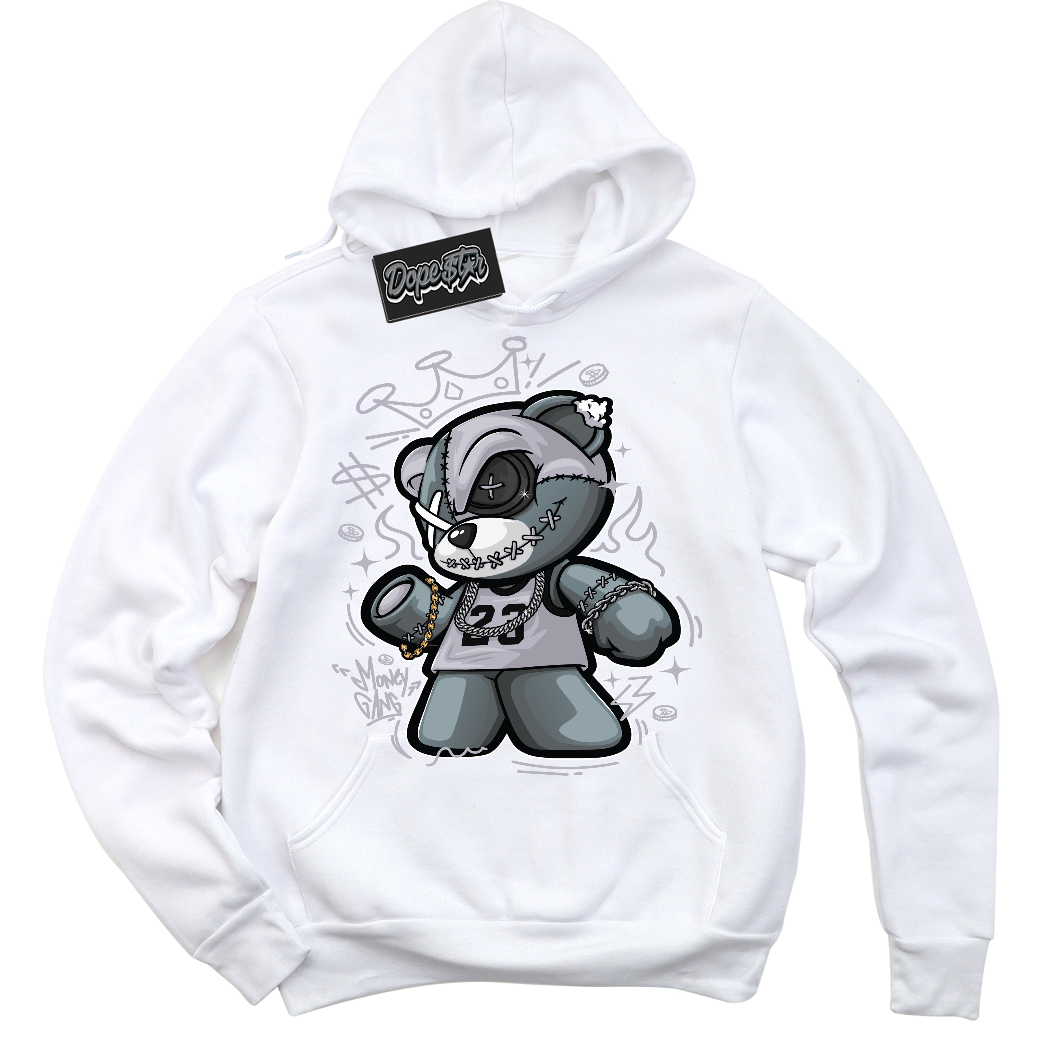 Cool White Hoodie with “ Money Gang Bear ” design that Perfectly Matches OG Barons 1s Jordans.