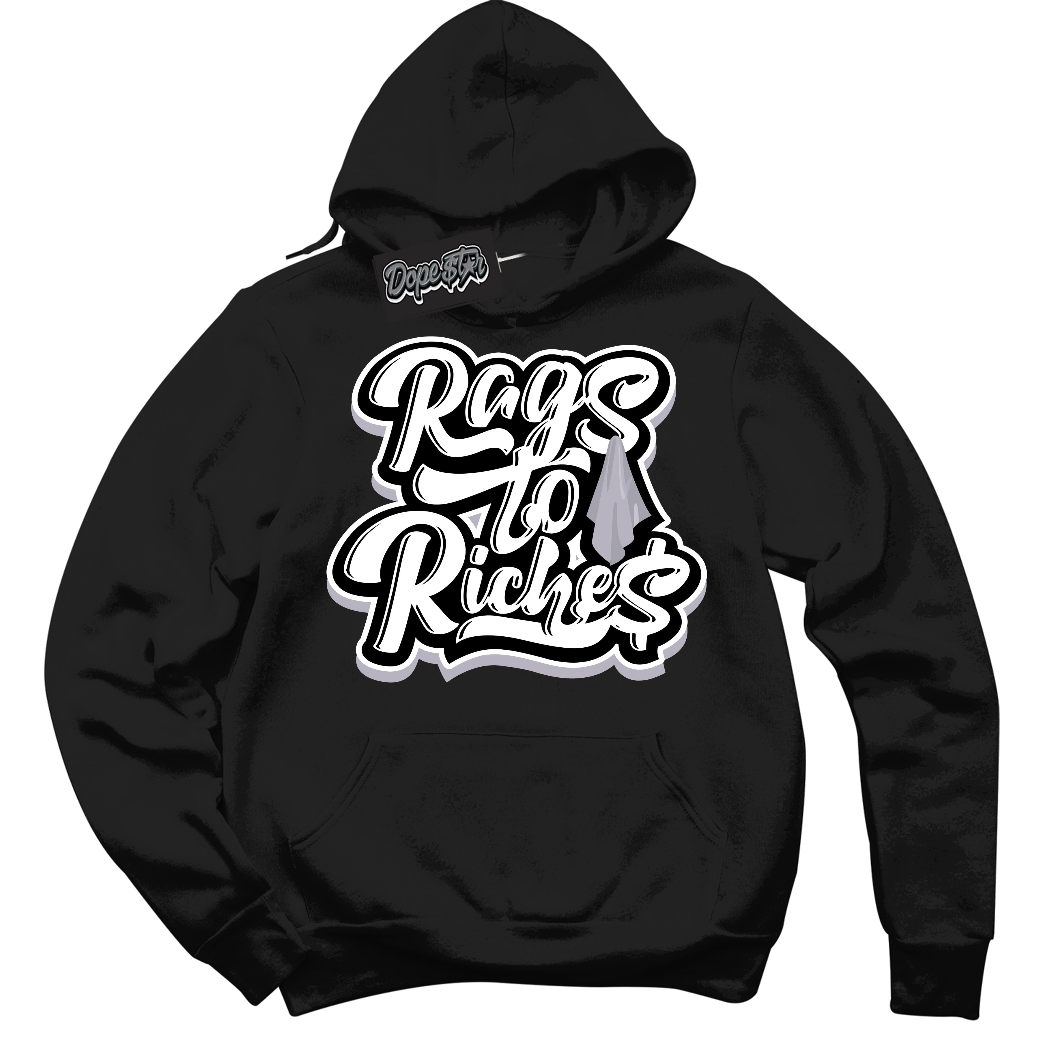 Cool Black Hoodie with “ Rags To Riches ” design that Perfectly Matches OG Barons 1s Jordans.