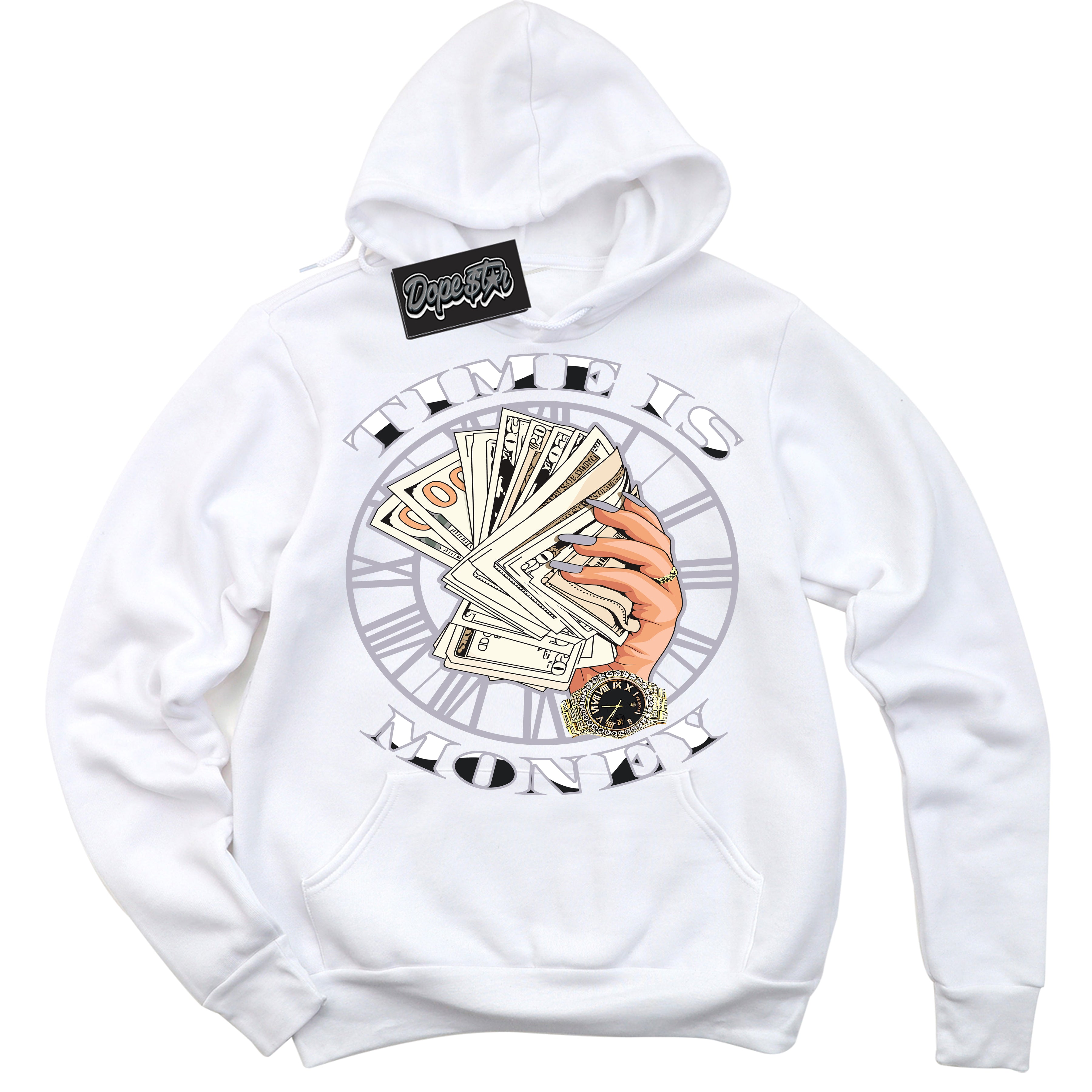 Cool White Hoodie with “ Time Is Money ” design that Perfectly Matches OG Barons 1s Jordans.