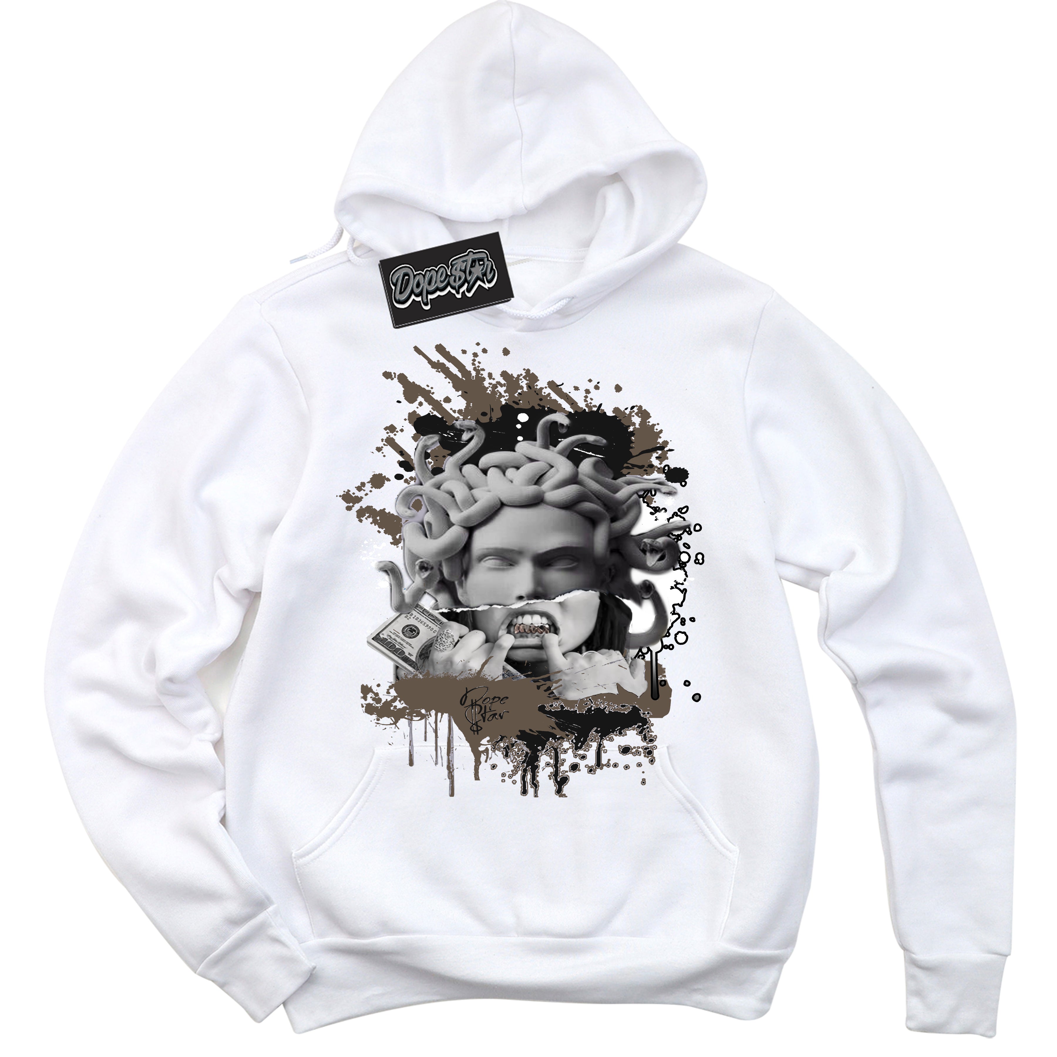 Cool White Hoodie with “Medusa” design that Perfectly Matches Mocha Palomino 1s Jordans.