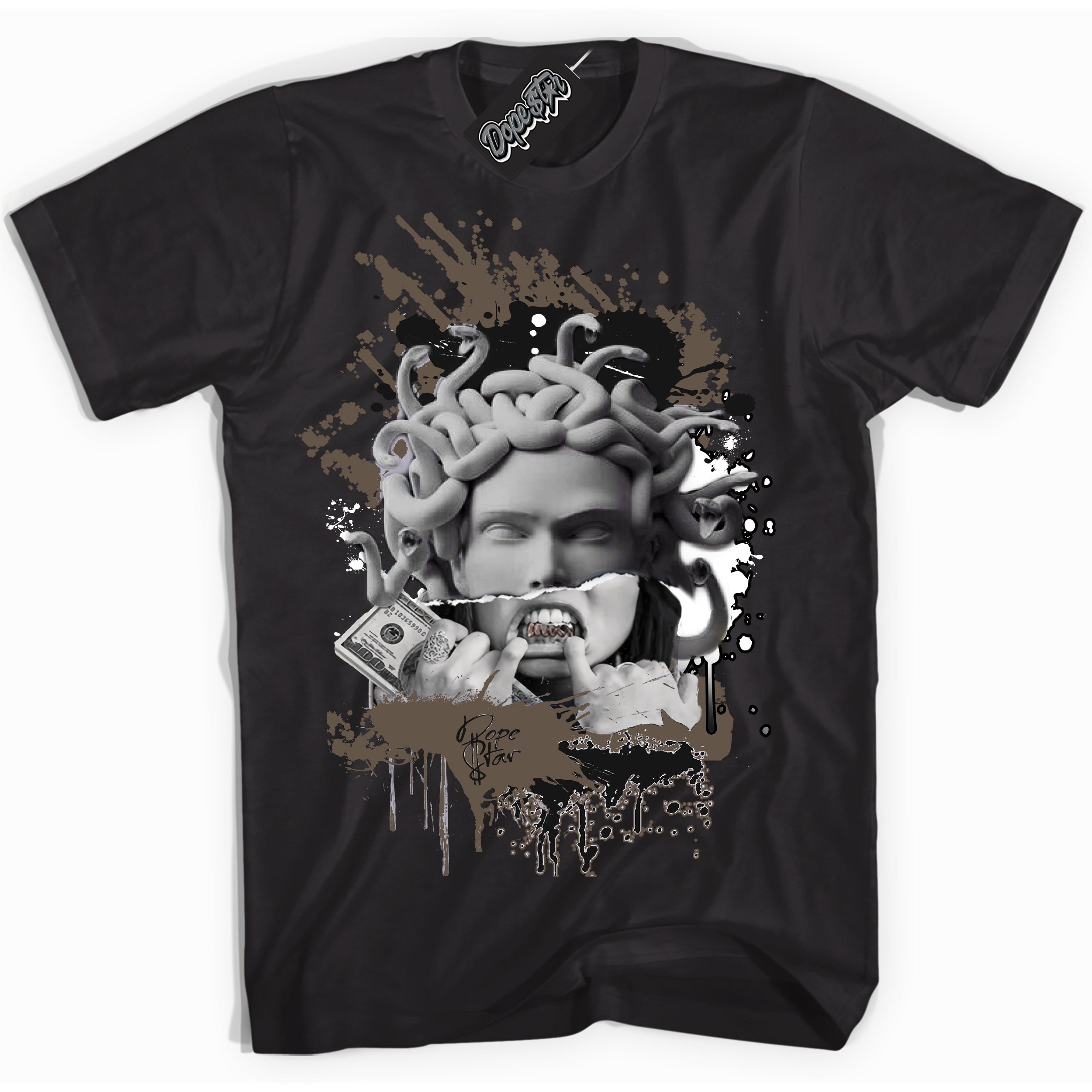 Cool Black Shirt with “Medusa” design that perfectly matches the Mocha Palomino 1s Jordans.