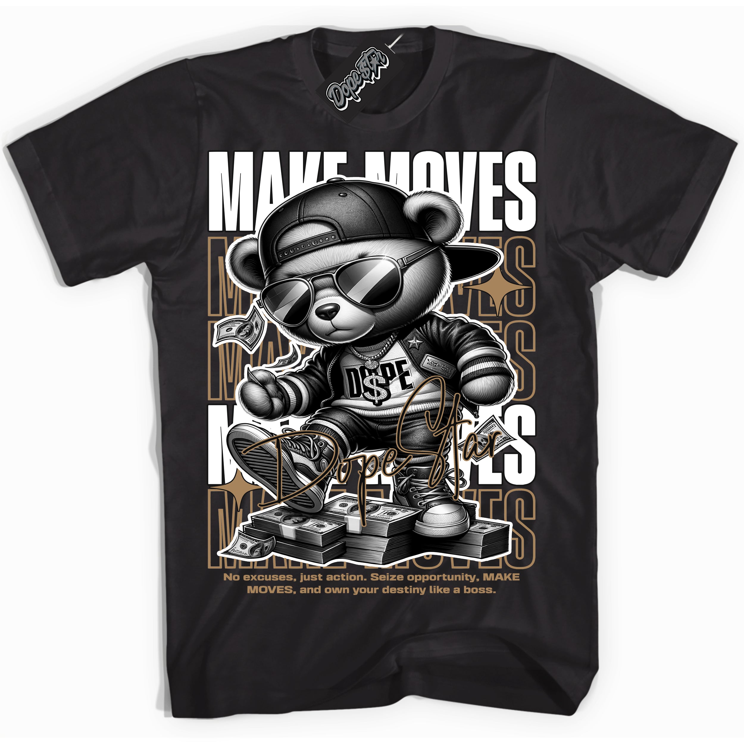 Cool Black Shirt with “Make Moves” design that perfectly matches the Mocha Palomino 1s Jordans.