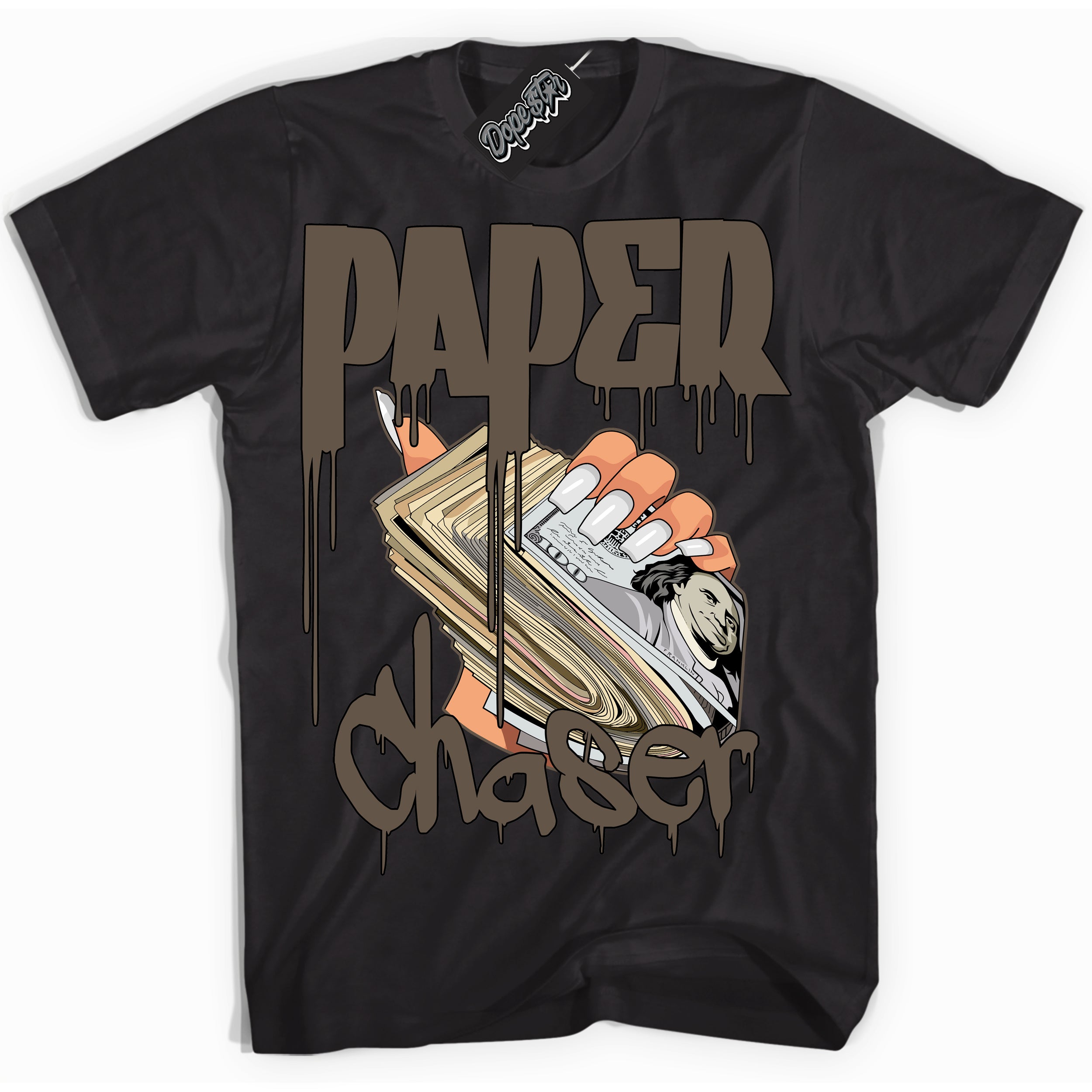 Cool Black Shirt with “Paper Chaser” design that perfectly matches the Mocha Palomino 1s Jordans.