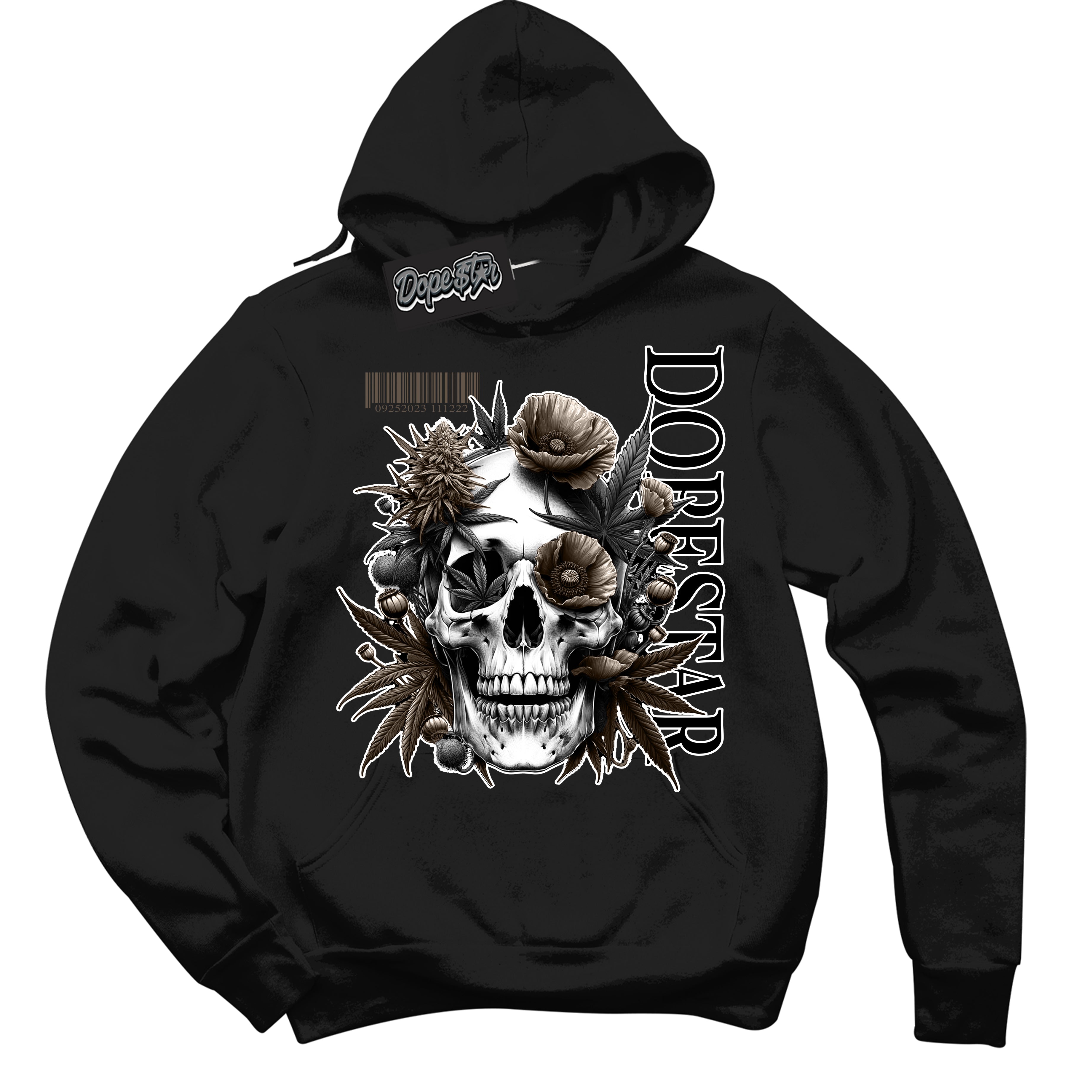 Cool Black Hoodie with “Skull Poppies” design that Perfectly Matches Mocha Palomino 1s Jordans.