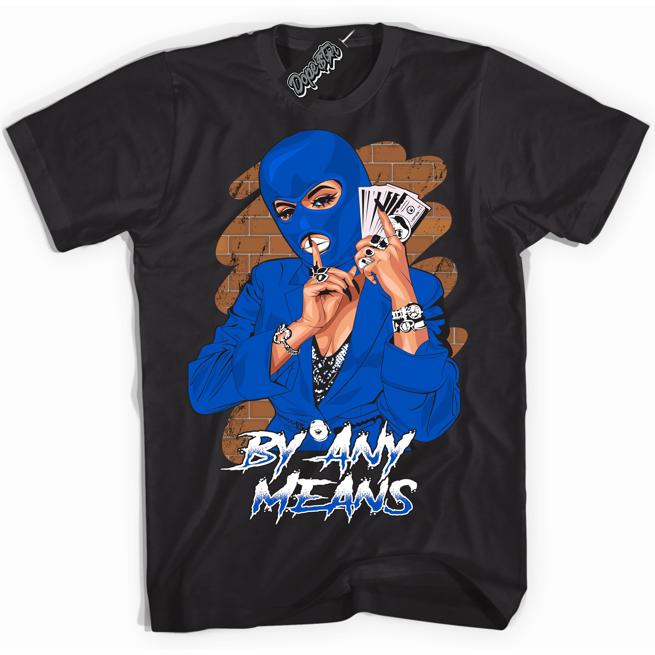 Cool Black Shirt with “ By Any Means” design that perfectly matches Quai 54 1s Sneakers.
