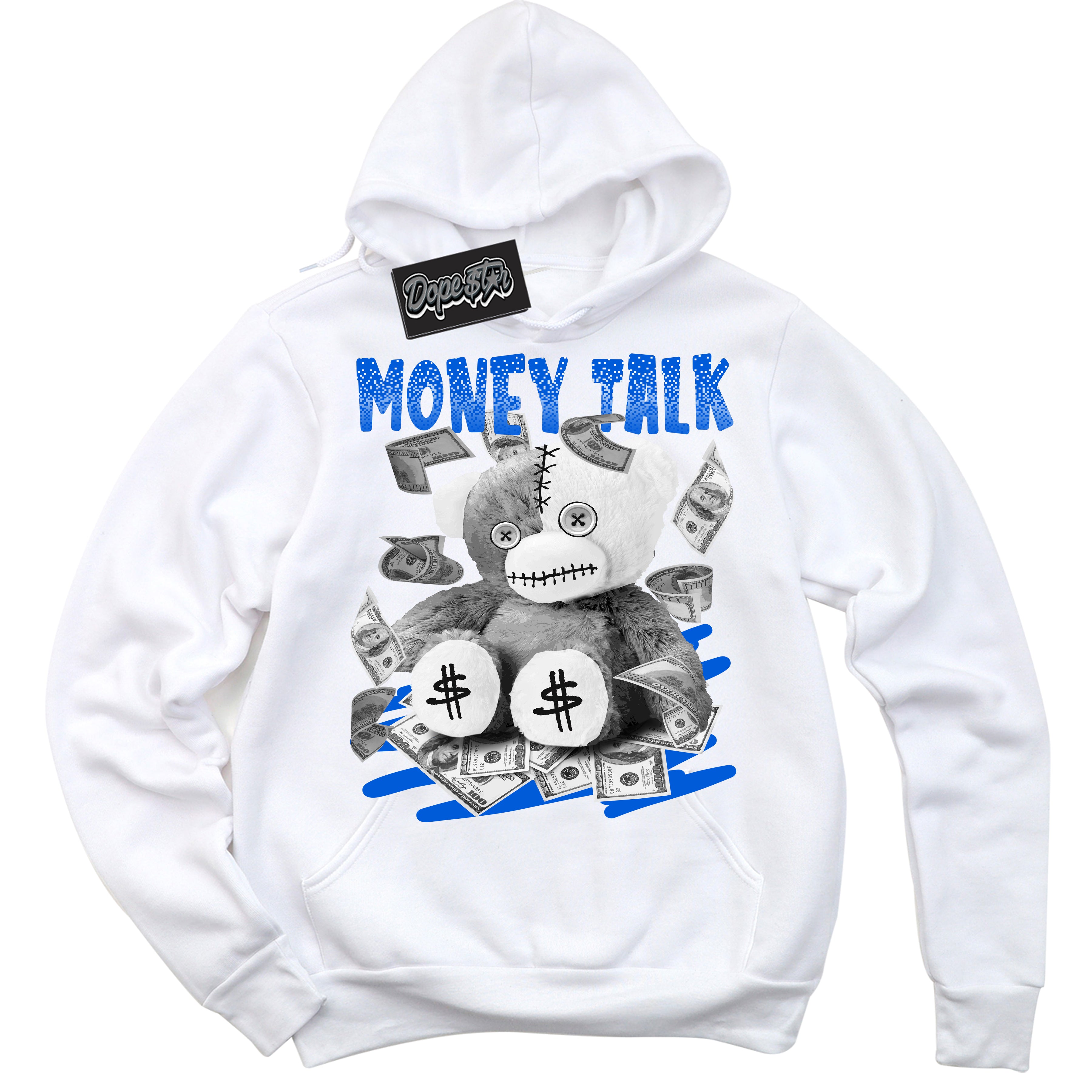 Cool White Hoodie with “ Money Talk Bear ” design that Perfectly Matches Quai 54 1s Sneakers.