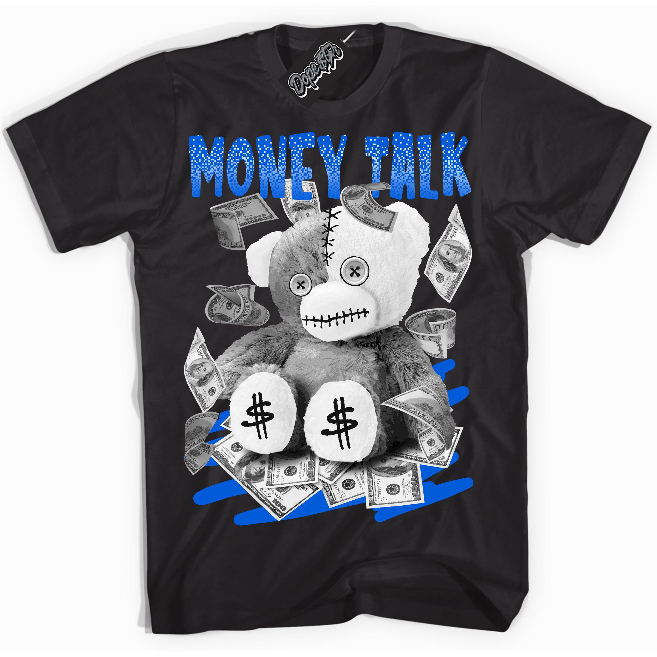 Cool Black Shirt with “ Money Talk Bear” design that perfectly matches Quai 54 1s Sneakers.