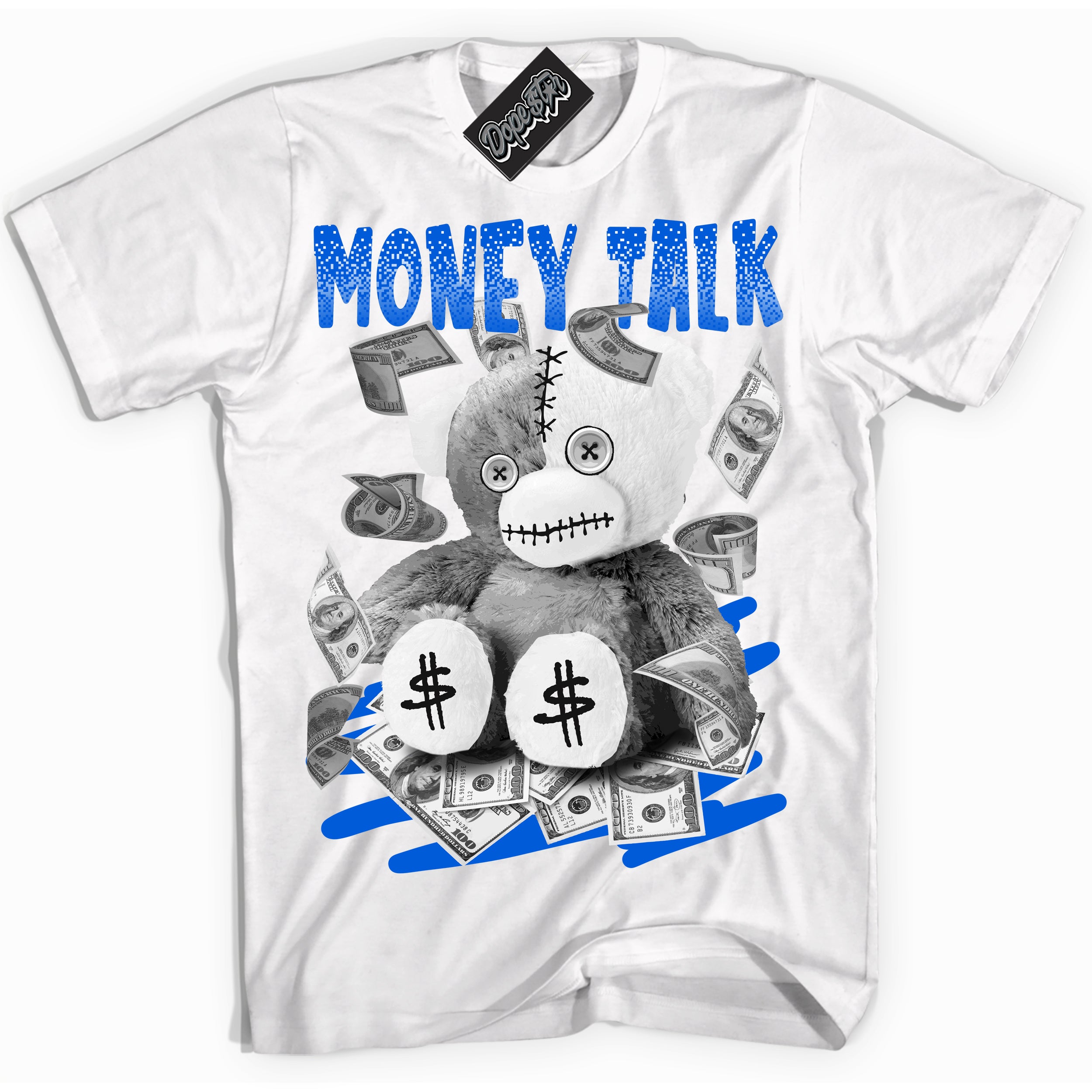 Cool White Shirt with “ Money Talk Bear” design that perfectly matches Quai 54 1s Sneakers.