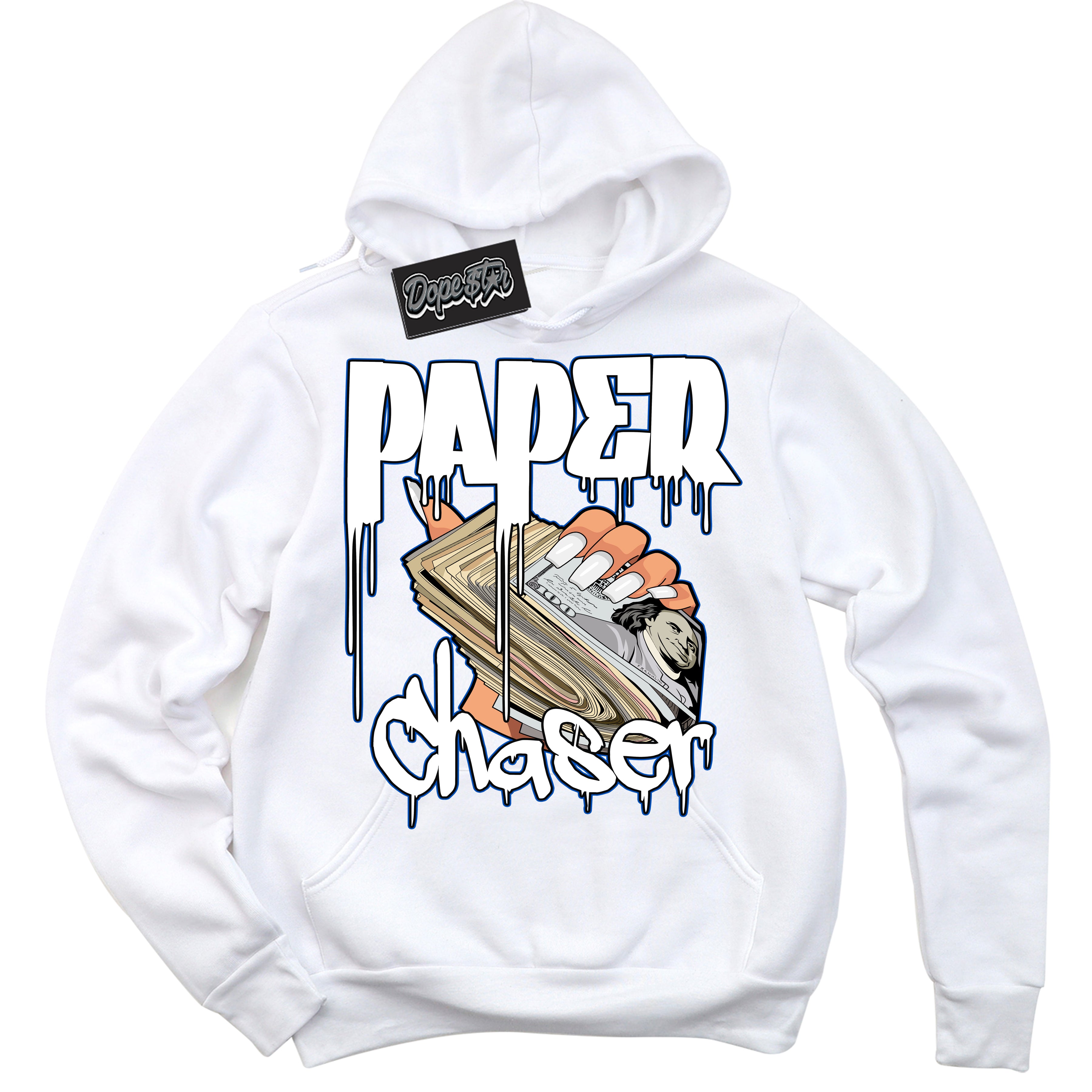 Cool White Hoodie with “ Paper Chaser ” design that Perfectly Matches Quai 54 1s Sneakers.