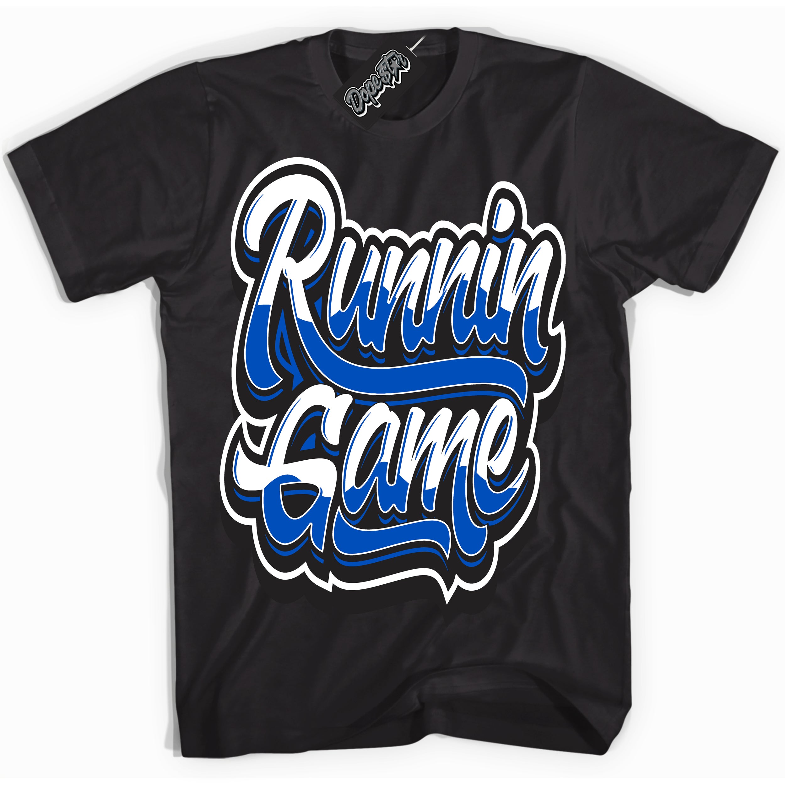 Cool Black Shirt with “ Running Game” design that perfectly matches Quai 54 1s Sneakers.