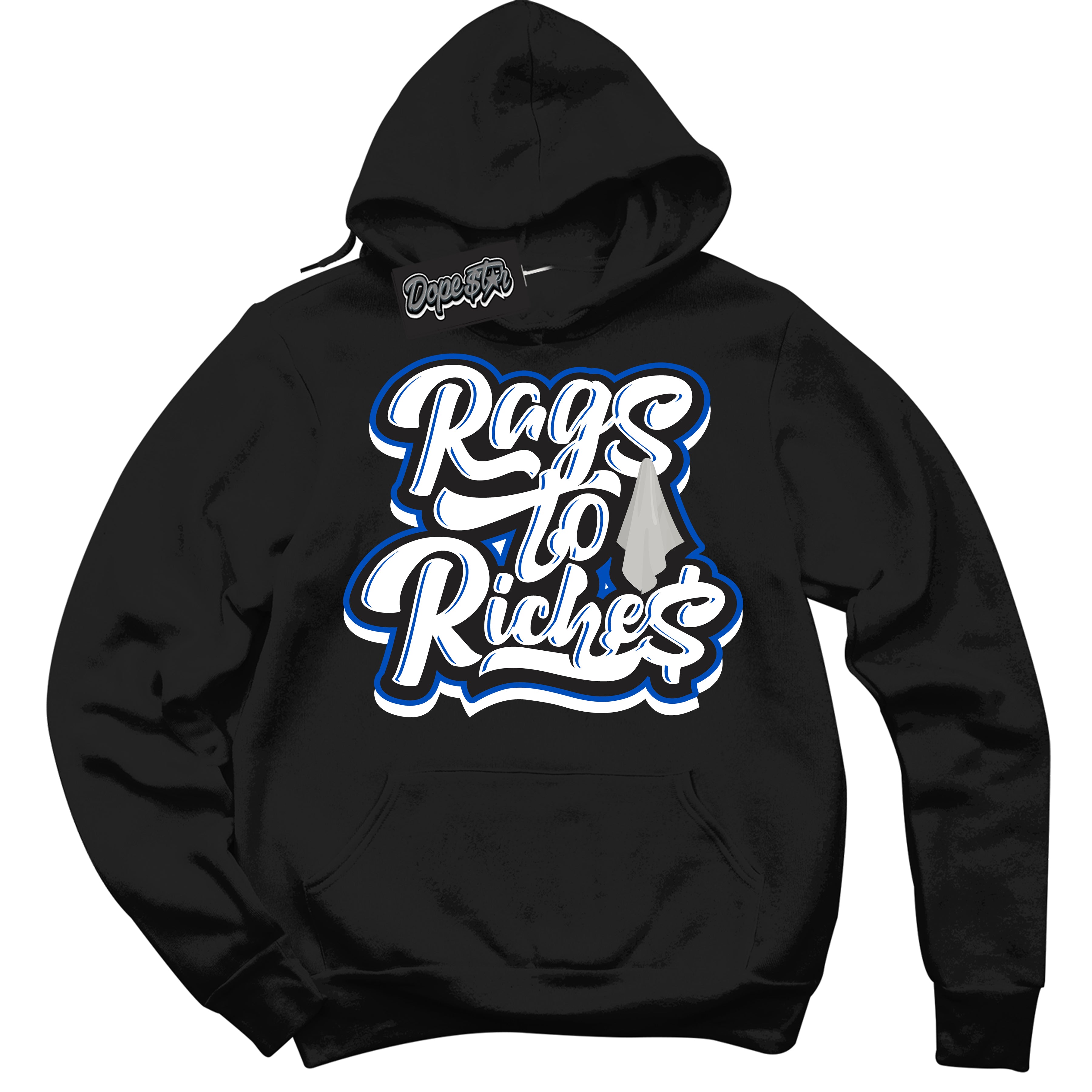Cool Black Hoodie with “ Rags To Riches ” design that Perfectly Matches Quai 54 1s Sneakers.