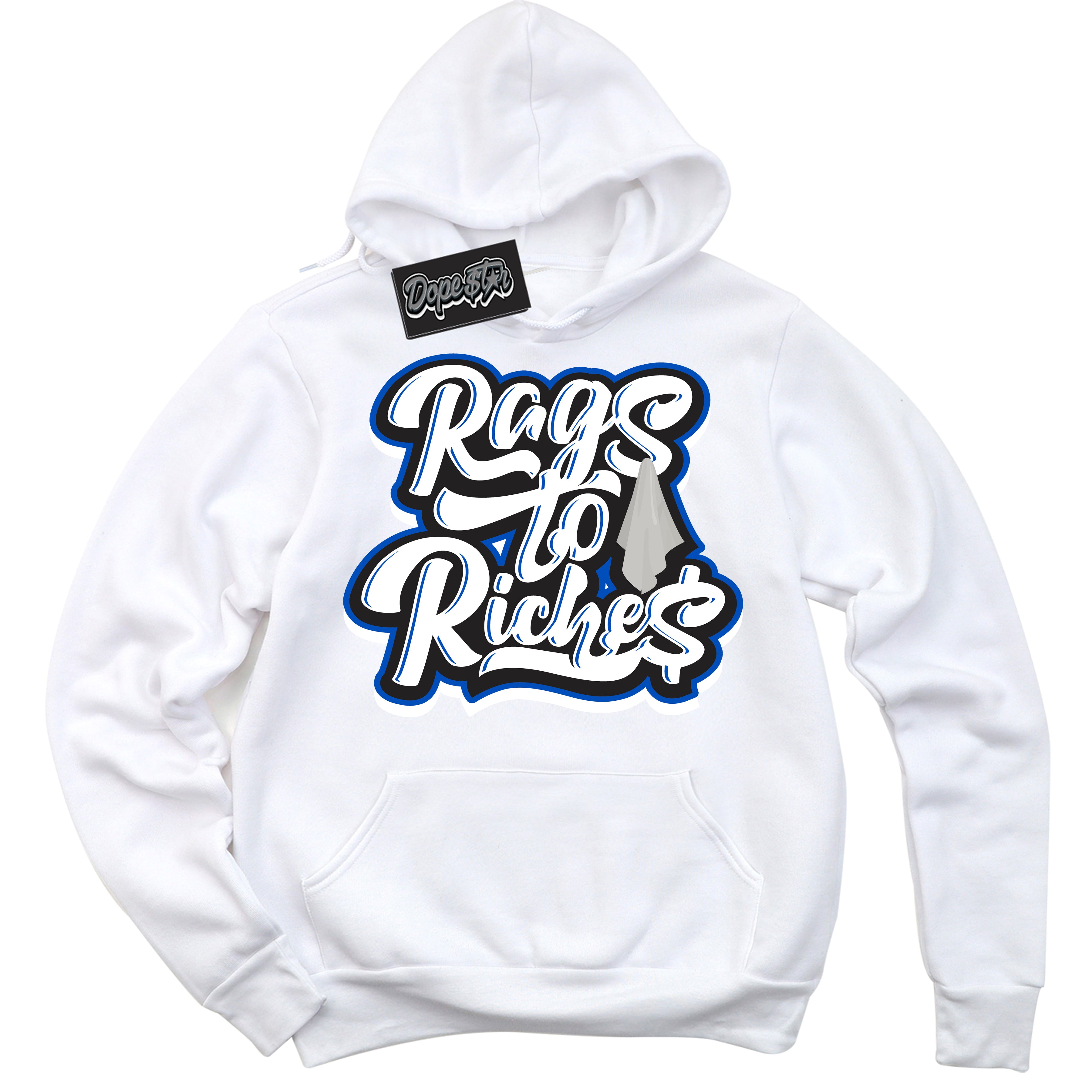 Cool White Hoodie with “ Rags To Riches ” design that Perfectly Matches Quai 54 1s Sneakers.