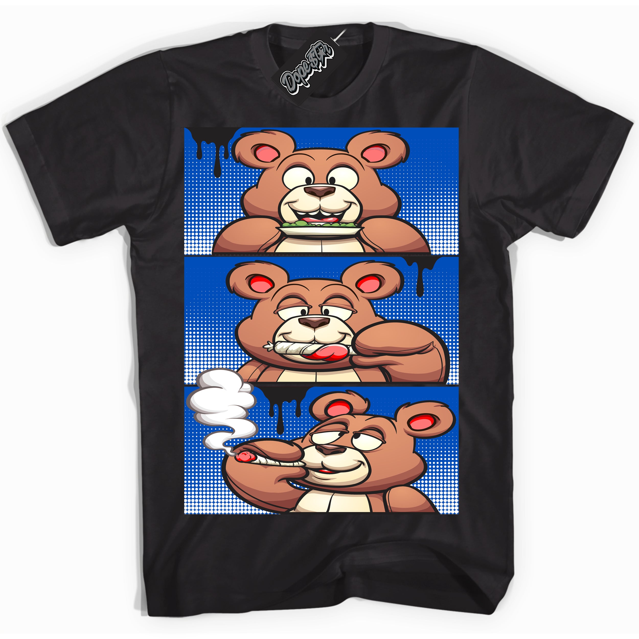 Cool Black Shirt with “ Roll It Lick It Smoke It Bear” design that perfectly matches Quai 54 1s Sneakers.