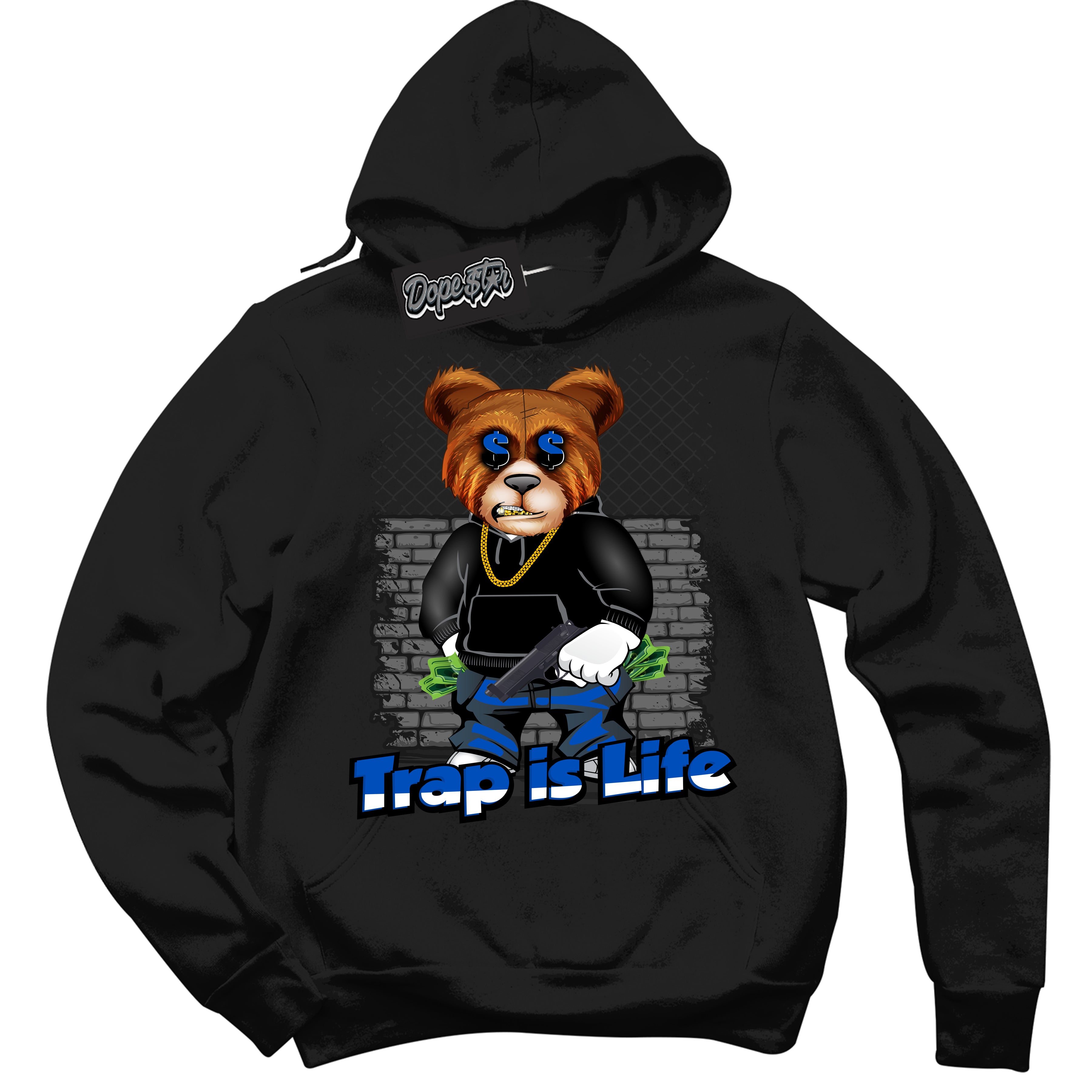 Cool Black Hoodie with “ Trap Is Life ” design that Perfectly Matches Quai 54 1s Sneakers.
