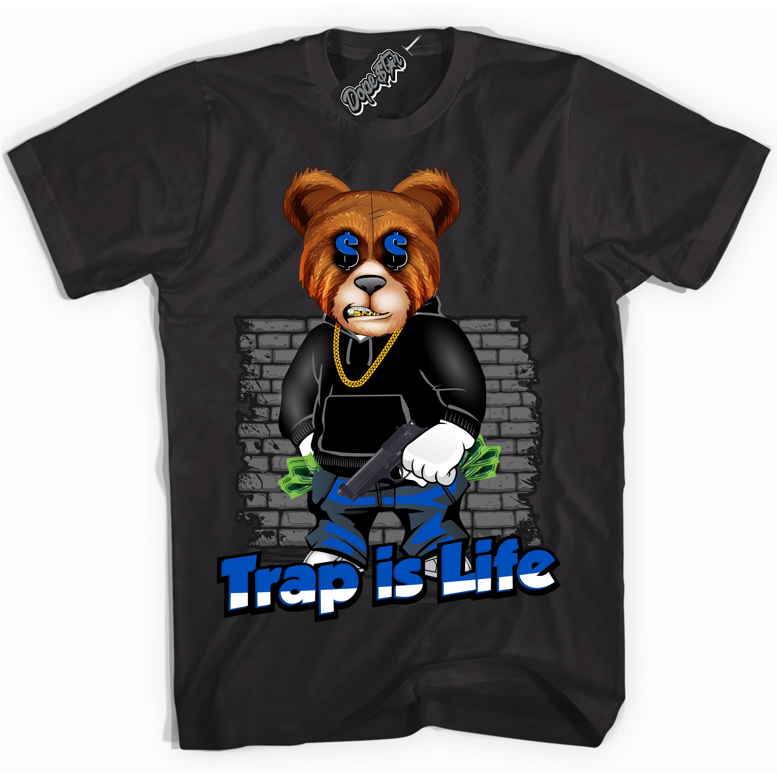 Cool Black Shirt with “ Trap Is Life” design that perfectly matches Quai 54 1s Sneakers.