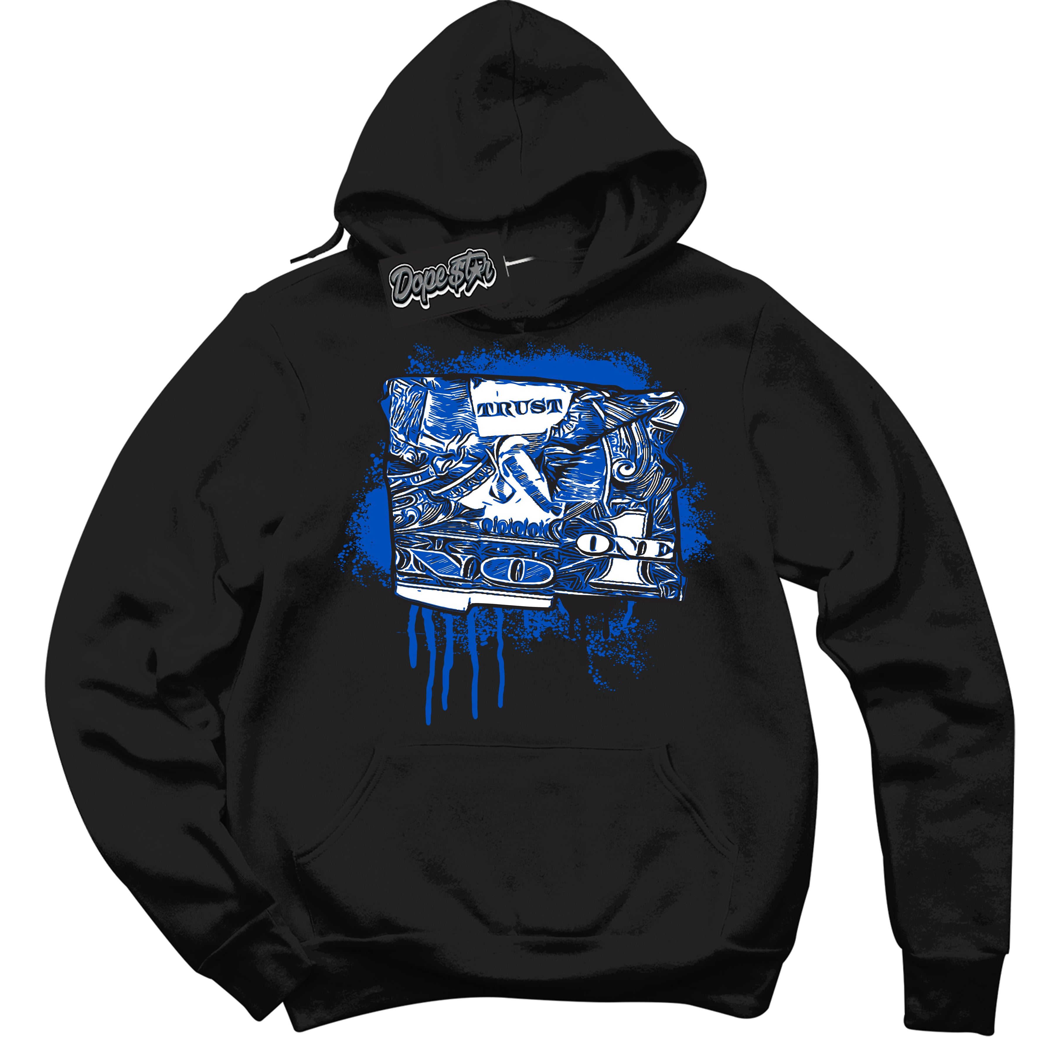 Cool Black Hoodie with “ Trust No One Dollar ” design that Perfectly Matches Quai 54 1s Sneakers.