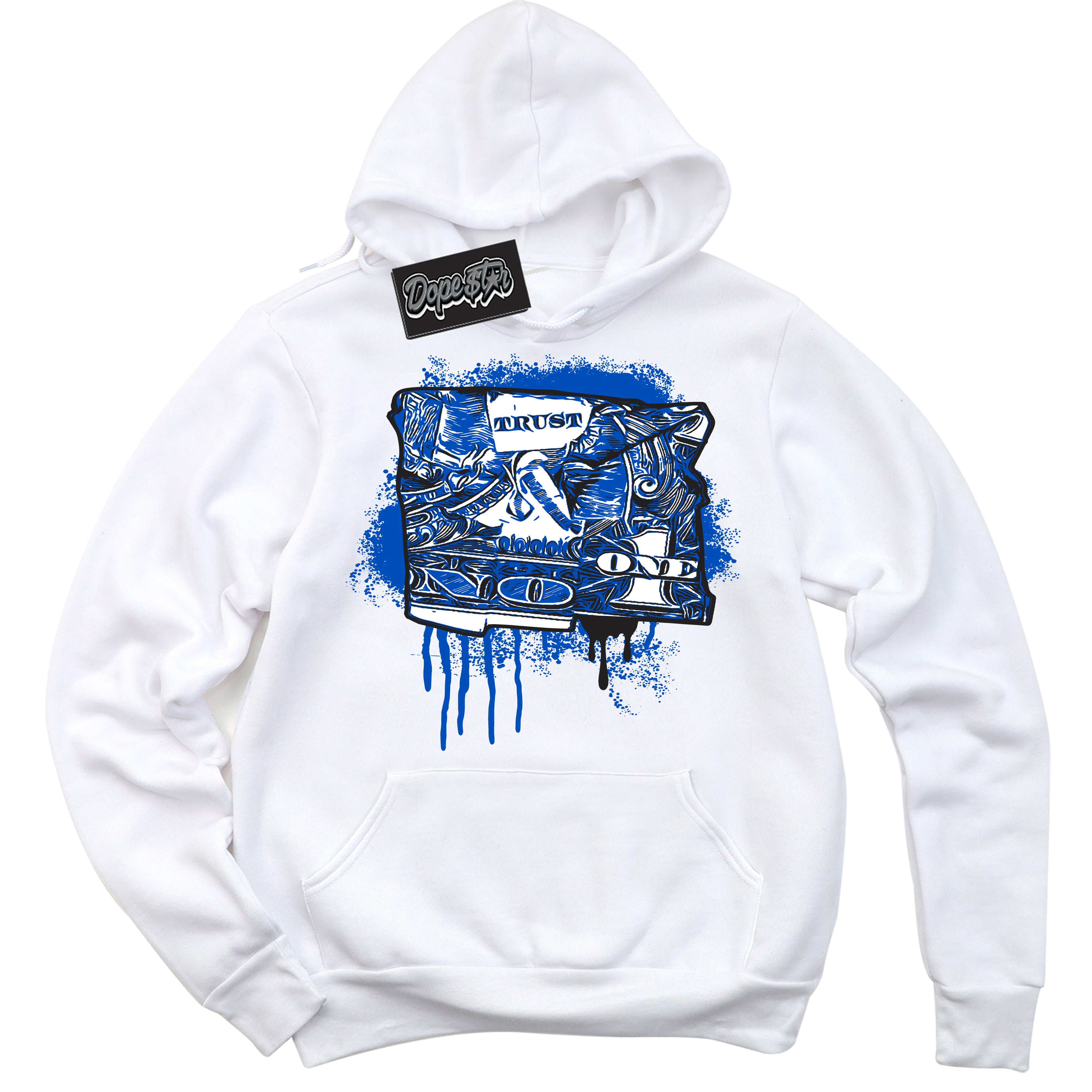 Cool White Hoodie with “ Trust No One Dollar ” design that Perfectly Matches Quai 54 1s Sneakers.