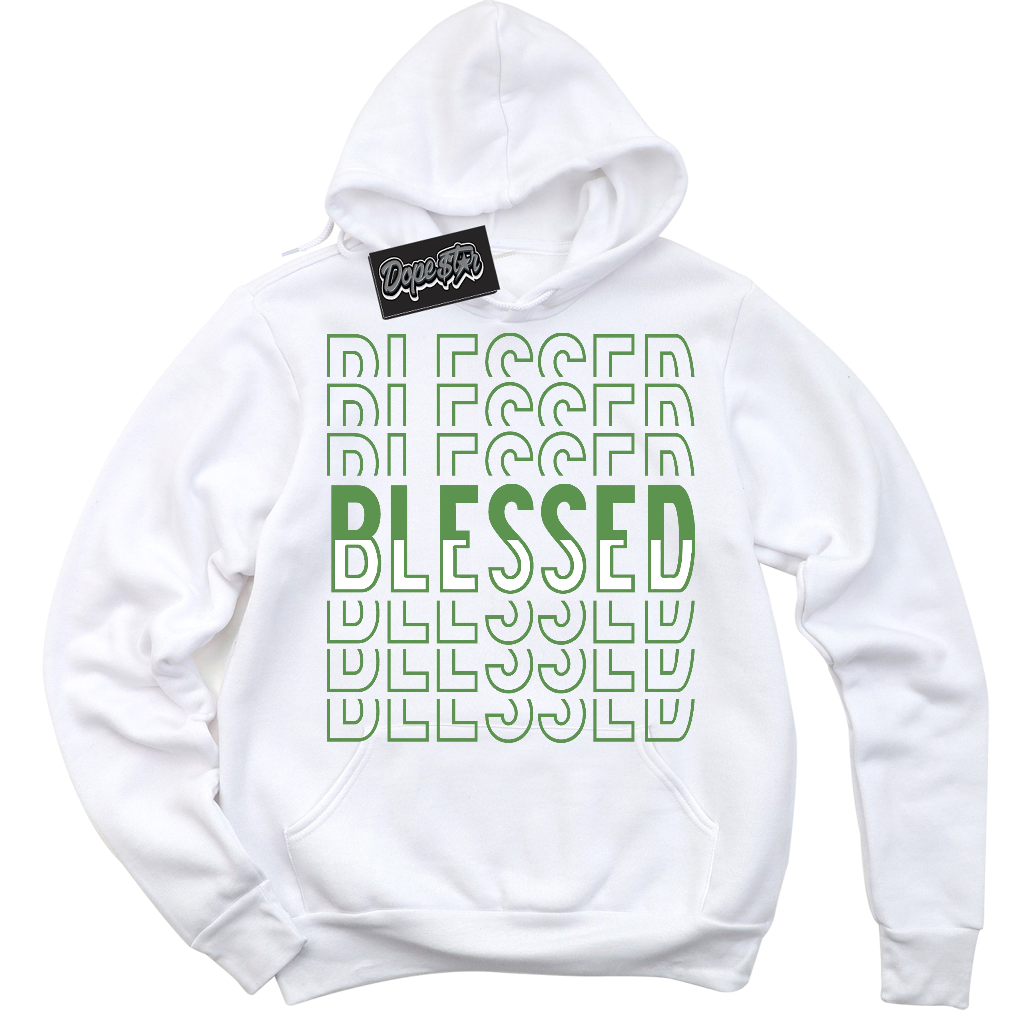 Cool White Hoodie with “ Blessed Stacked ” design that Perfectly Matches Chlorophyll 1s Jordans.