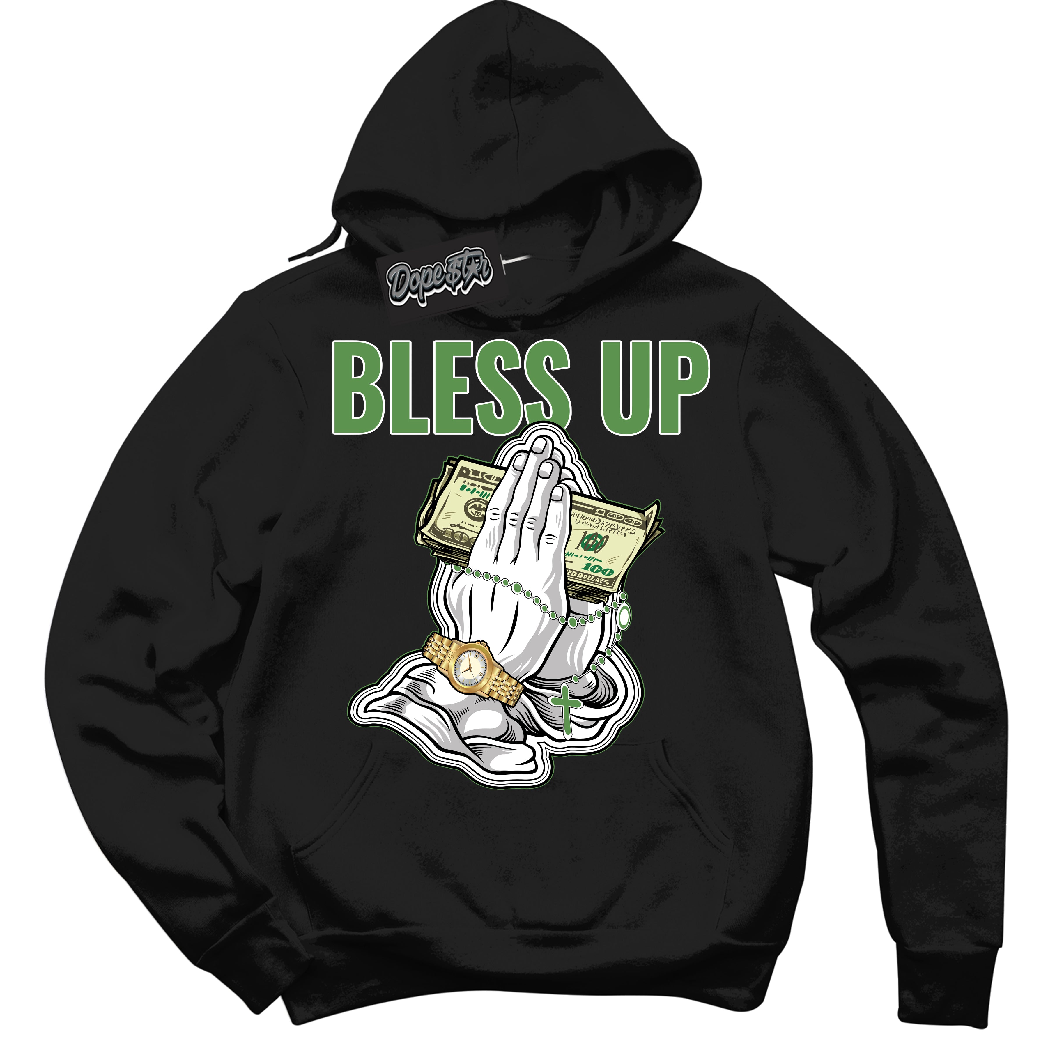 Cool Black Hoodie with “ Bless Up ” design that Perfectly Matches Chlorophyll 1s Jordans.