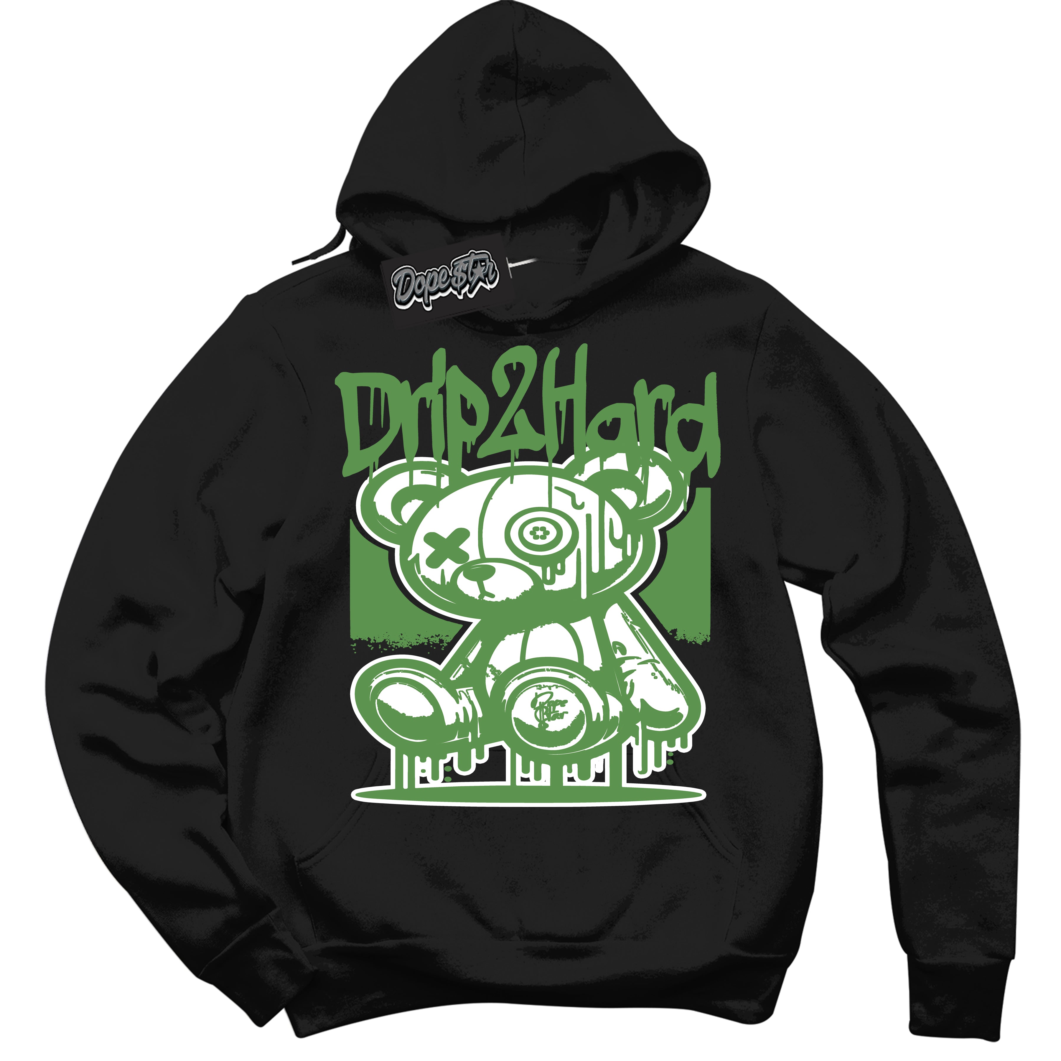 Cool Black Hoodie with “ Drip 2 Hard ” design that Perfectly Matches Chlorophyll 1s Jordans.