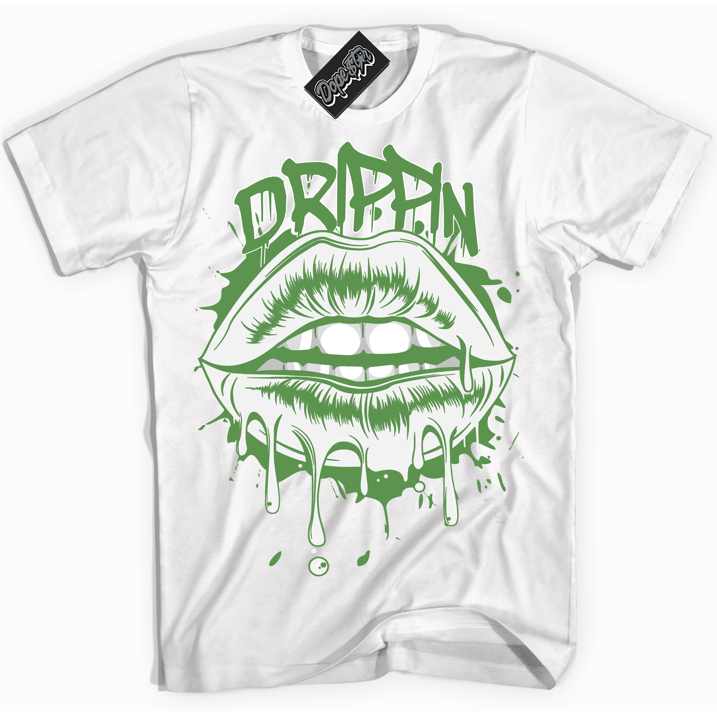 Cool White Shirt with “ Drippin ” design that perfectly matches Chlorophyll 1s Jordans.