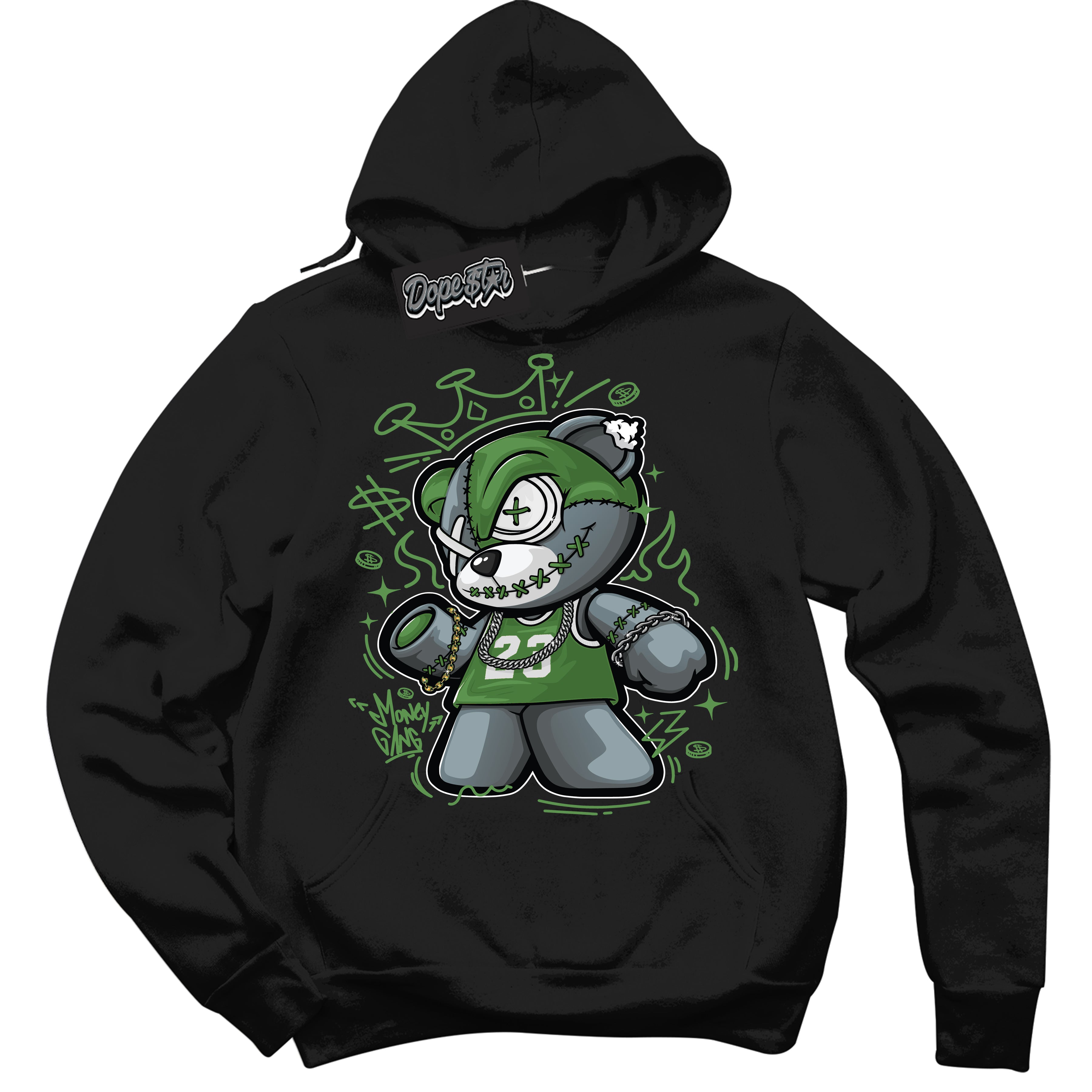 Cool Black Hoodie with “ Money Gang Bear ” design that Perfectly Matches Chlorophyll 1s Jordans.