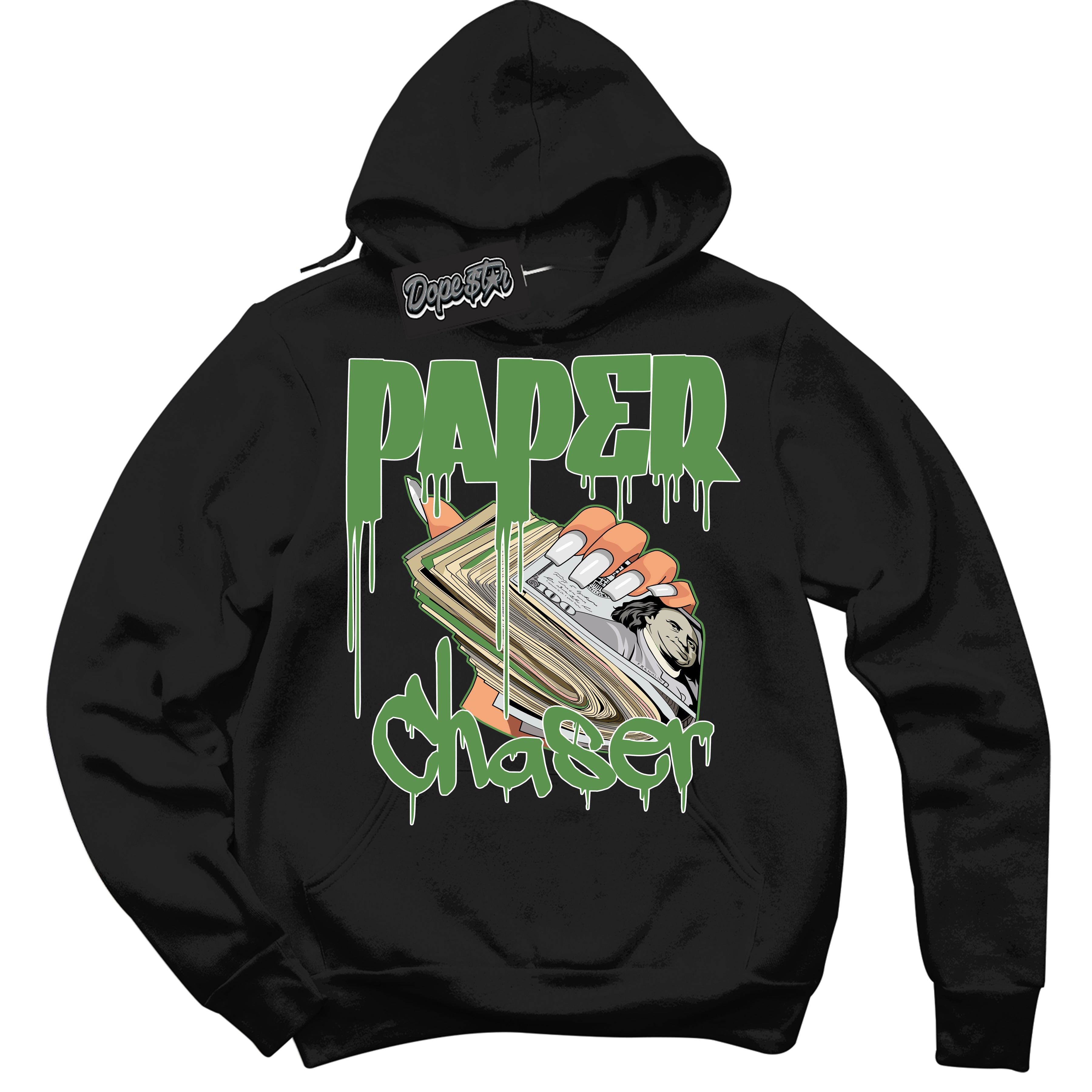 Cool Black Hoodie with “ Paper Chaser ” design that Perfectly Matches Chlorophyll 1s Jordans.