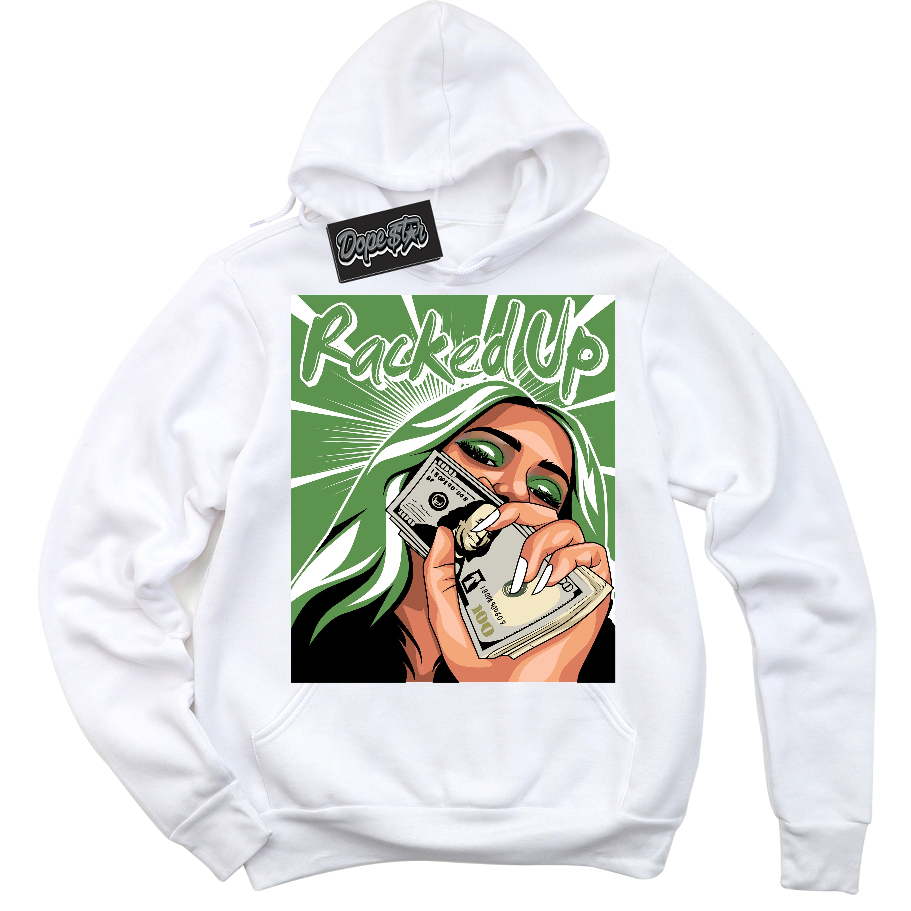 Cool White Hoodie with “ Racked Up ” design that Perfectly Matches Chlorophyll 1s Jordans.