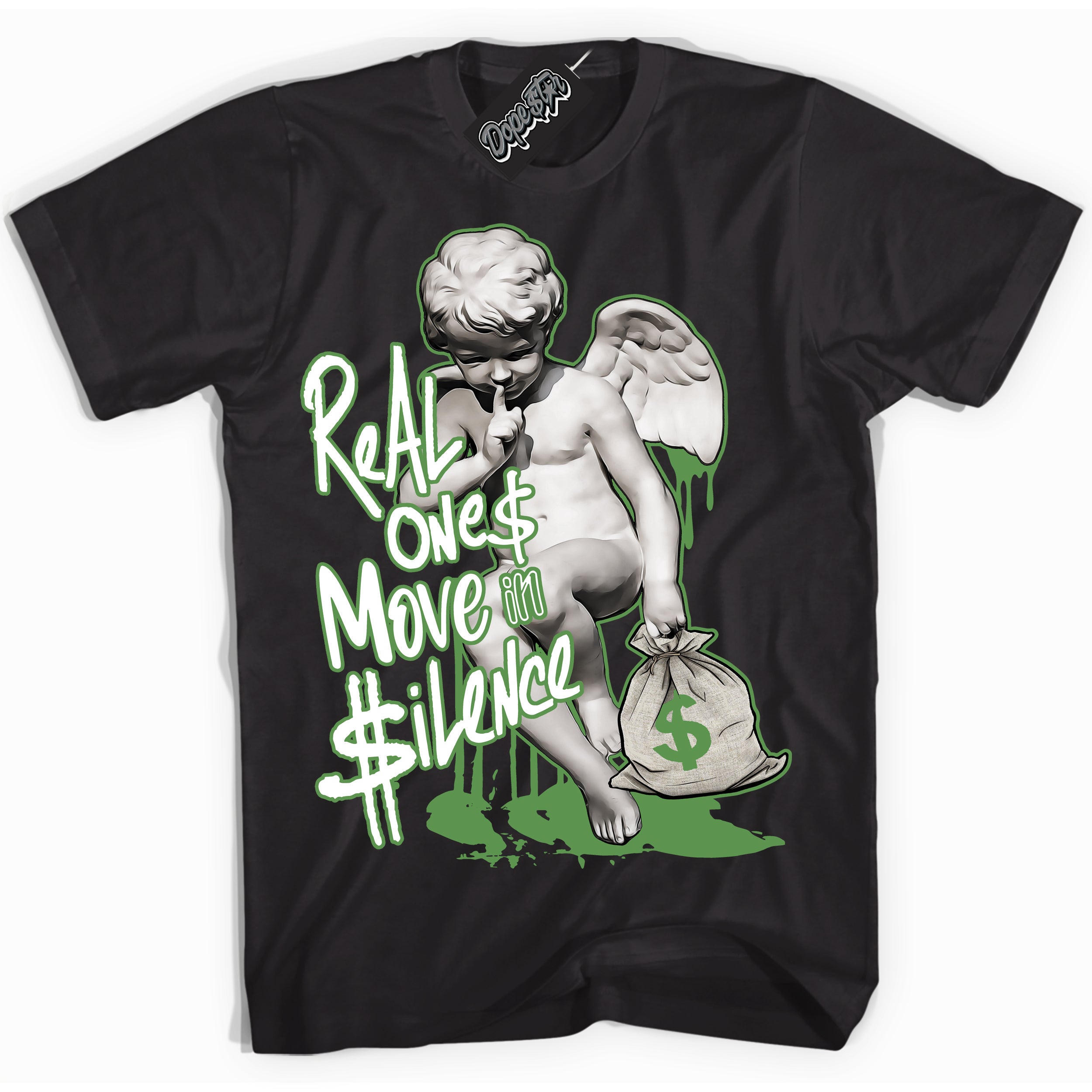 Cool Black Shirt with “ Real Ones Cherub ” design that perfectly matches Chlorophyll 1s Jordans.