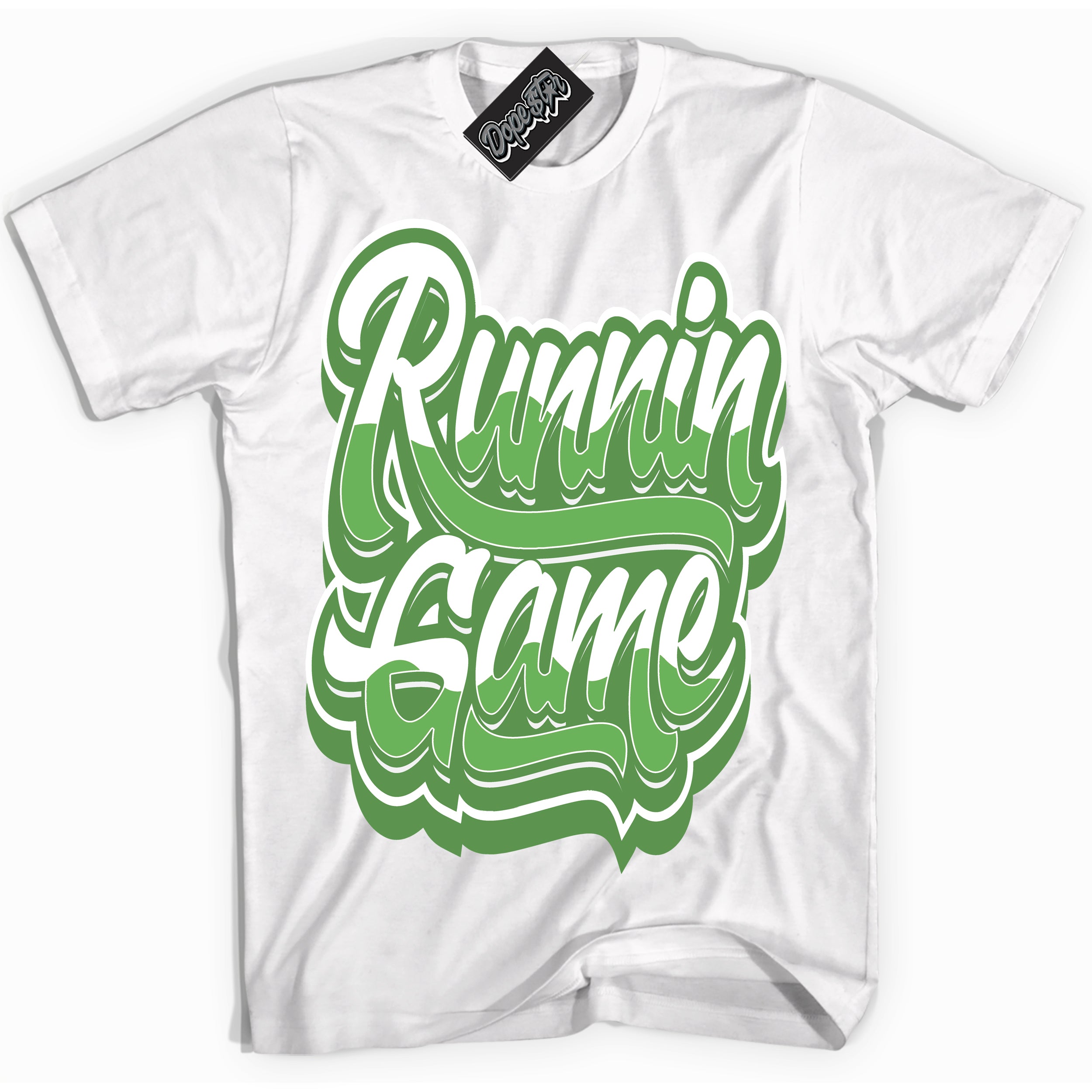 Cool White Shirt with “ Running Game ” design that perfectly matches Chlorophyll 1s Jordans.