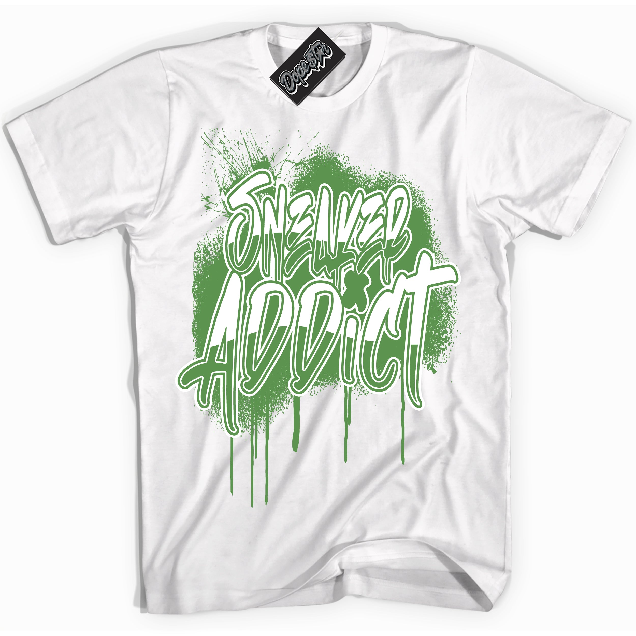 Cool White Shirt with “ Sneaker Addict ” design that perfectly matches Chlorophyll 1s Jordans.