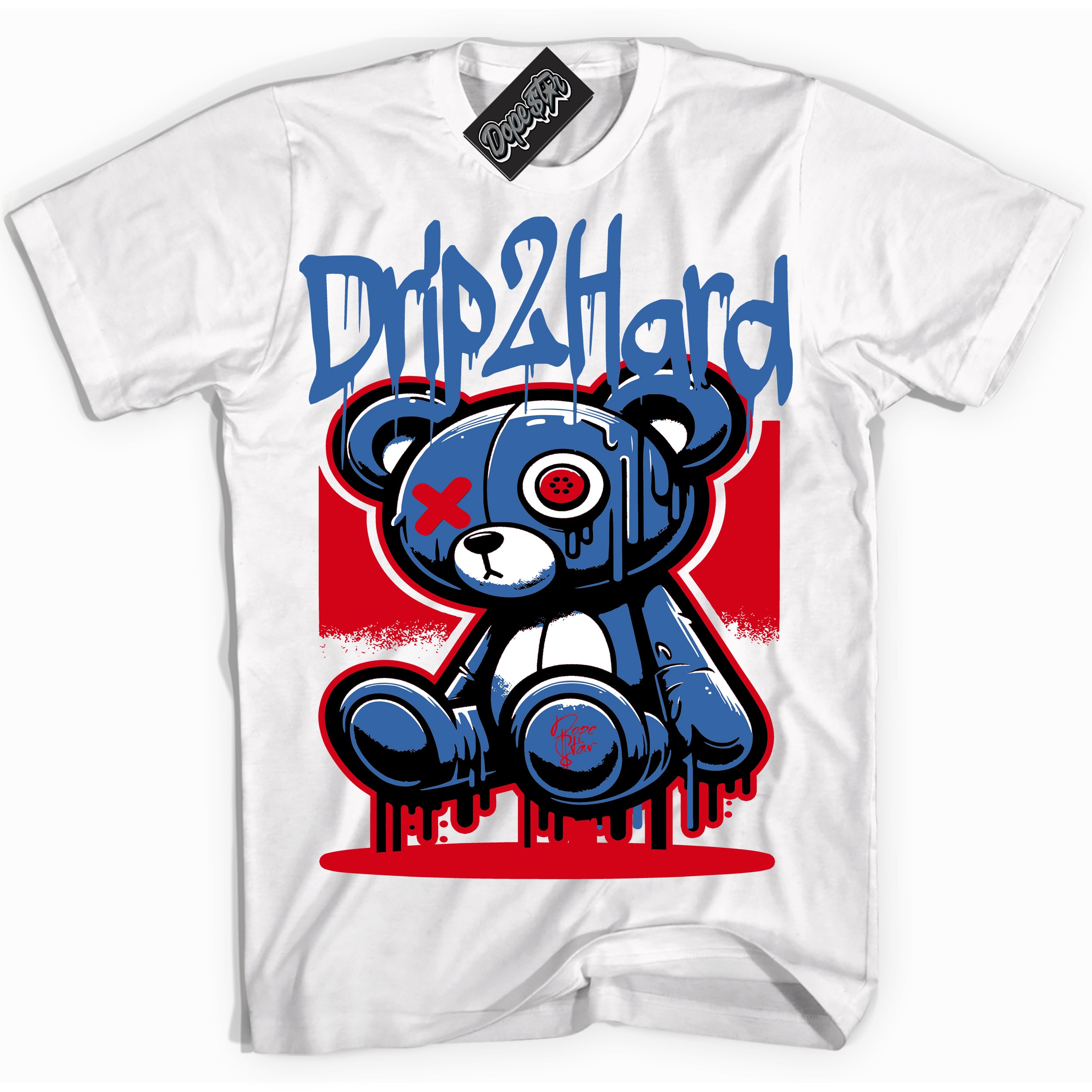 Cool White Shirt with “ Drip 2 Hard” design that perfectly matches Industrial Blue Sashiko 1s Sneakers.