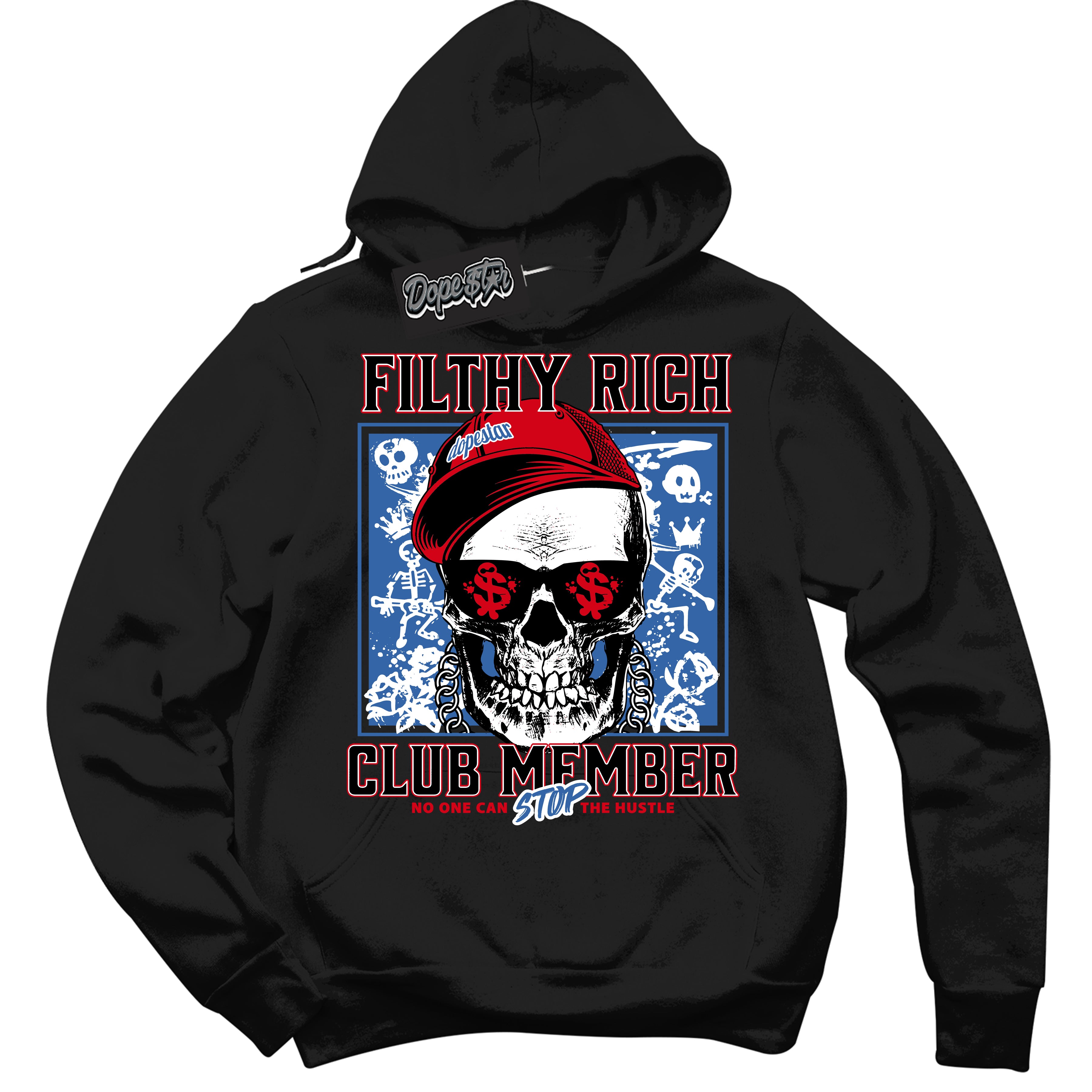 Cool Black Hoodie with “ Filthy Rich ” design that Perfectly Matches Industrial Blue Sashiko 1s Sneakers.