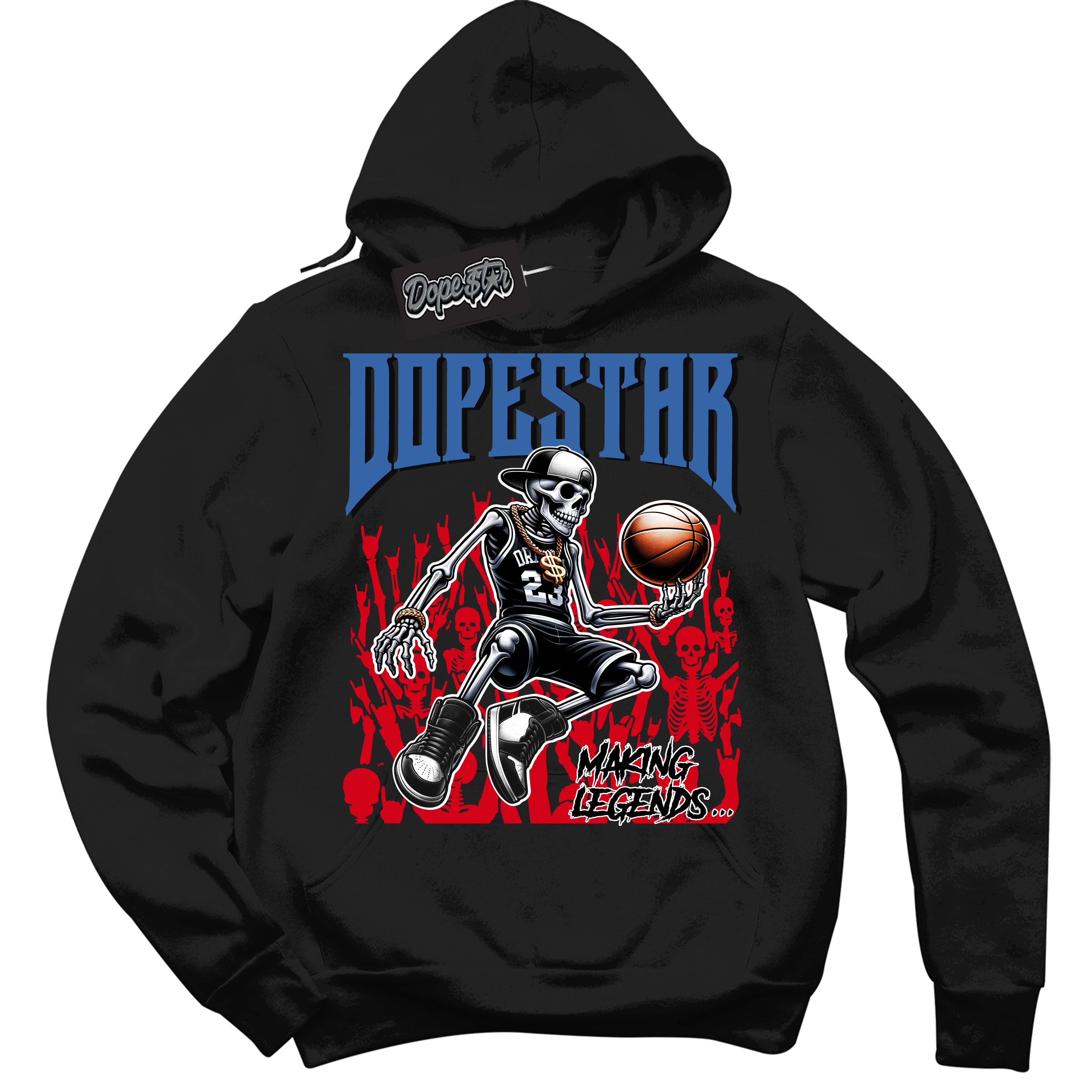 Cool Black Hoodie with “ Making Legends ” design that Perfectly Matches Industrial Blue Sashiko 1s Sneakers.