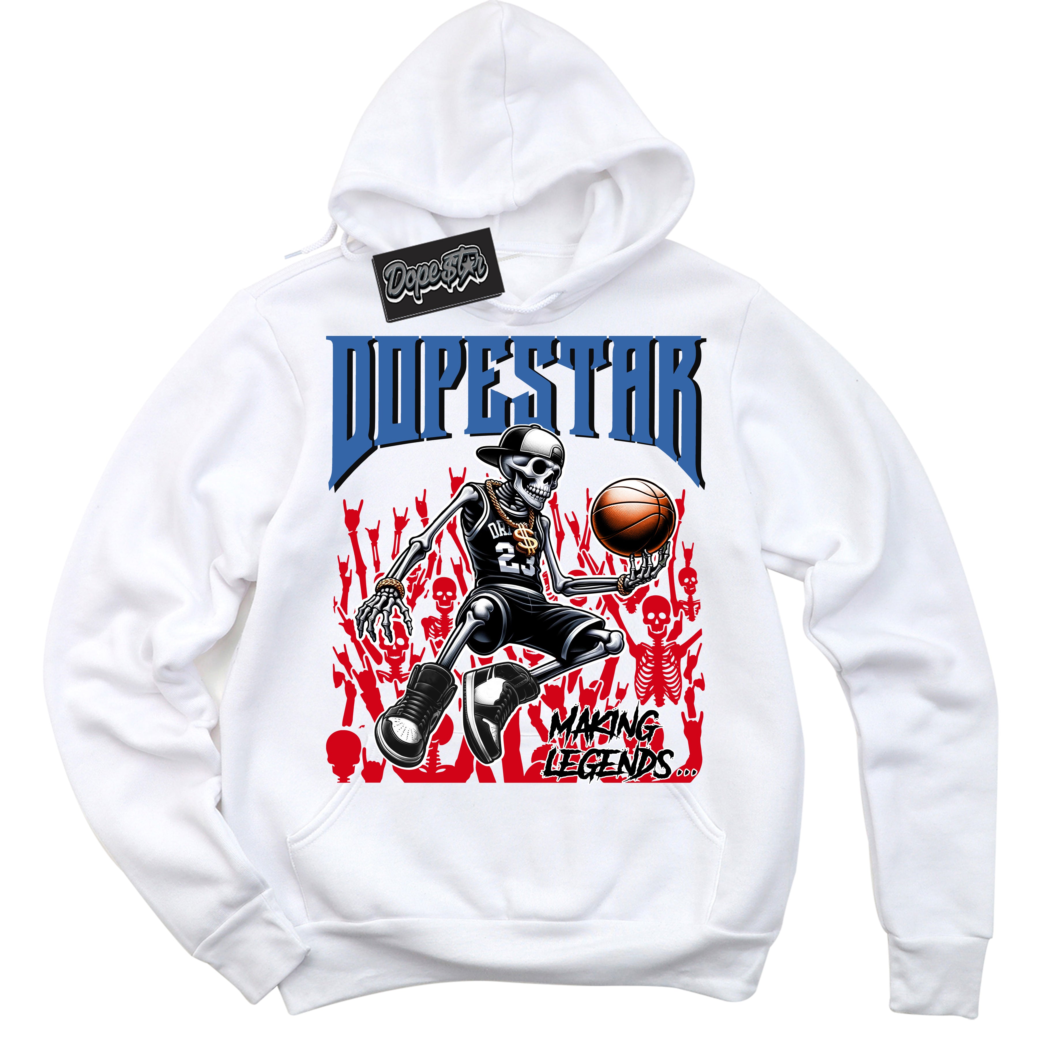 Cool White Hoodie with “ Making Legends ” design that Perfectly Matches Industrial Blue Sashiko 1s Sneakers.