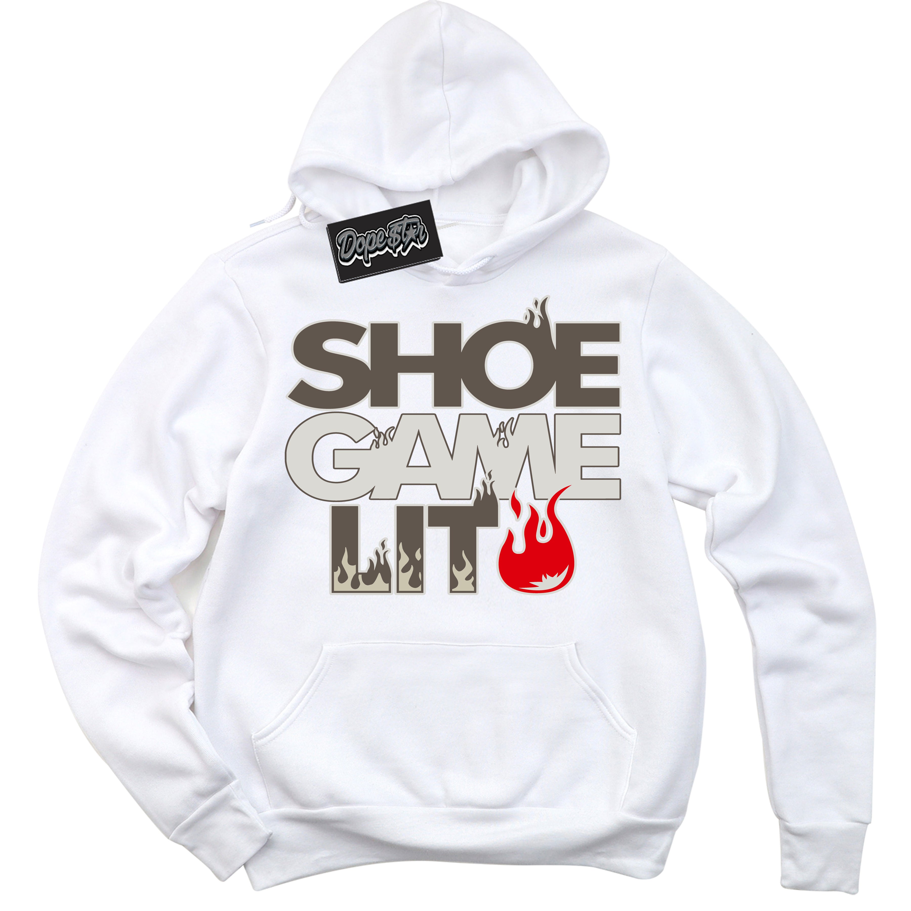 Cool White Hoodie with “ Shoe Game Lit '' design that Perfectly Matches Reverse Mocha 1s Sneakers.