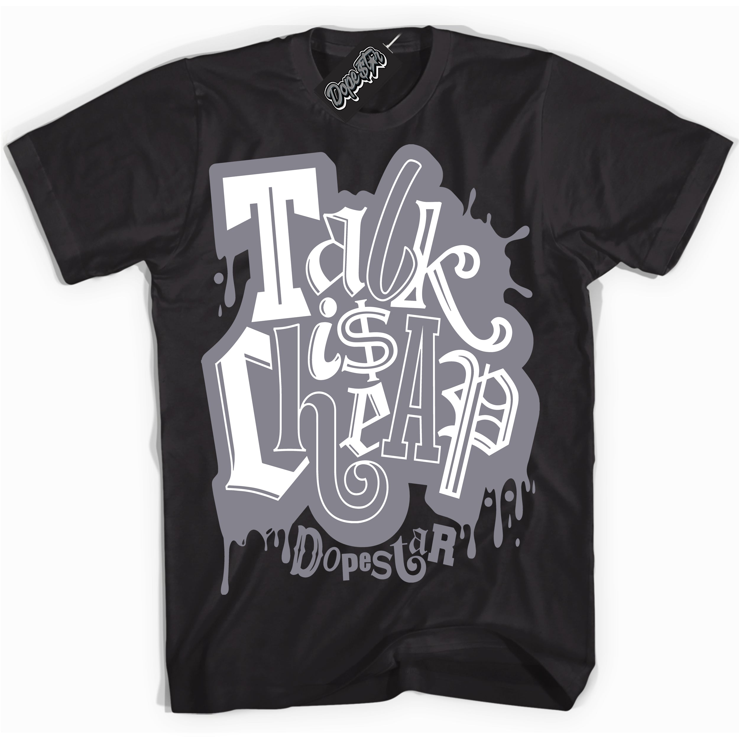 Cool Black Shirt with “ Talk Is Cheap” design that perfectly matches Vintage Stealth Grey 1s Sneakers.