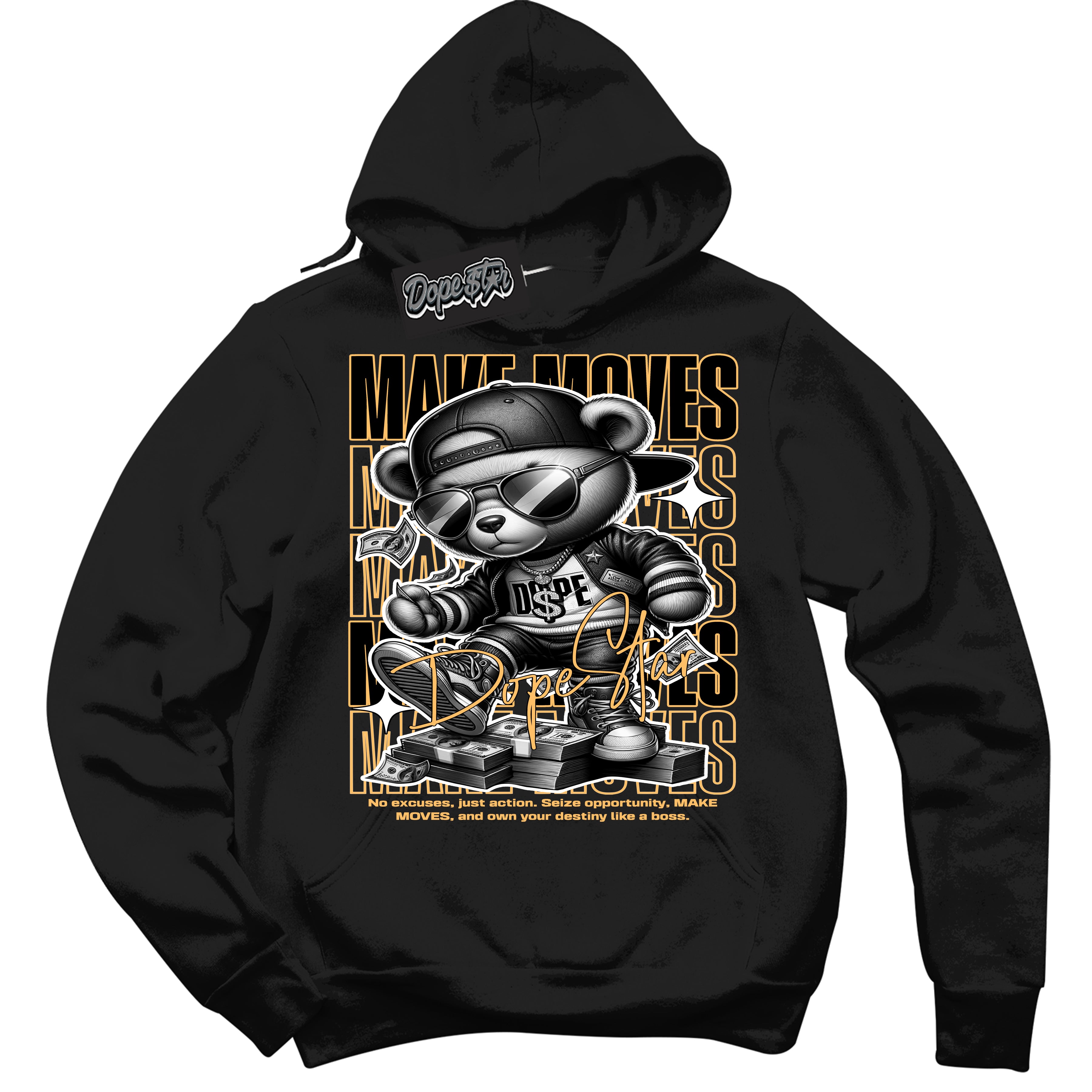 Cool Black Hoodie with “ Makin Moves ” design that Perfectly Matches Yellow Ochre 1s Sneakers.