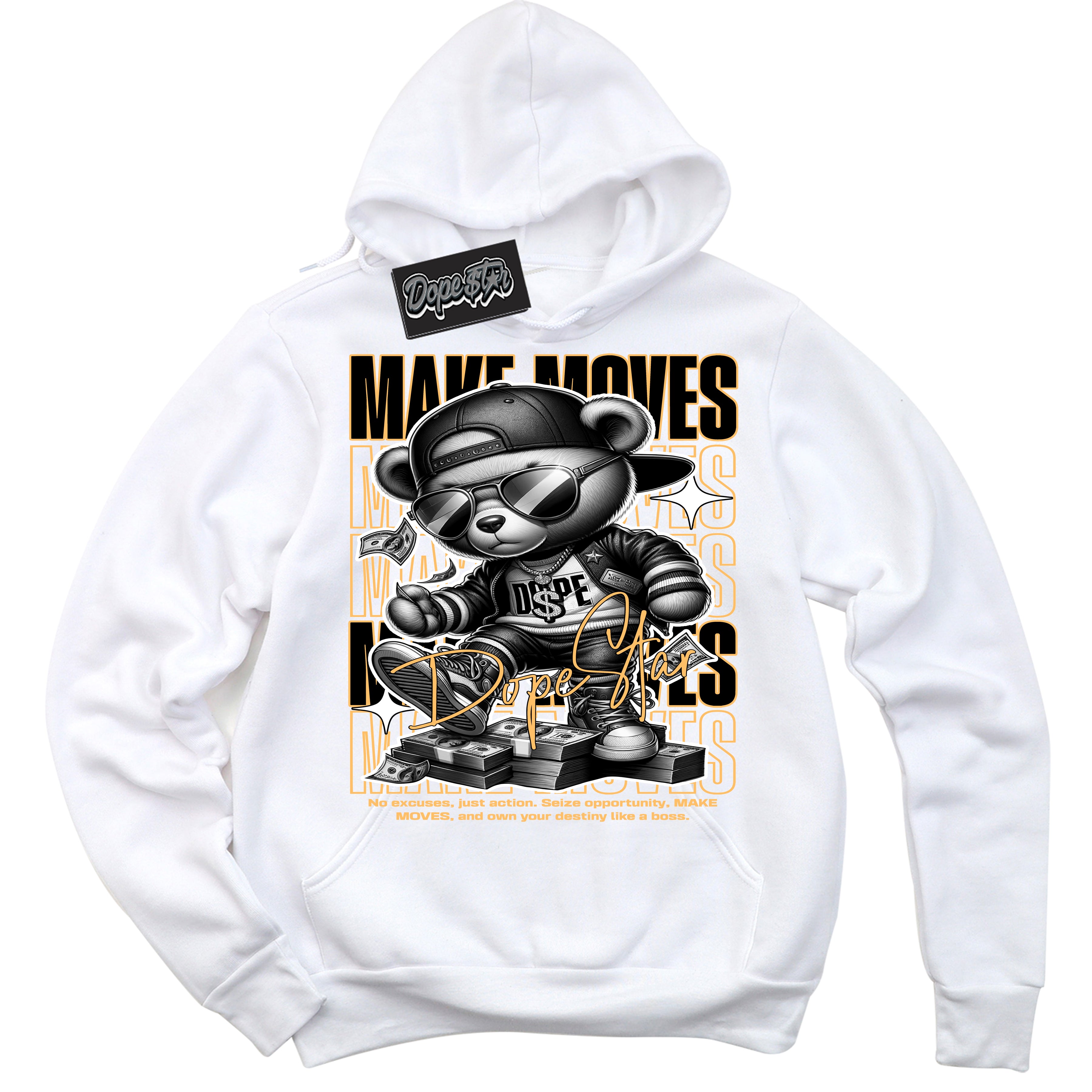 Cool White Hoodie with “ Makin Moves ” design that Perfectly Matches Yellow Ochre 1s Sneakers.