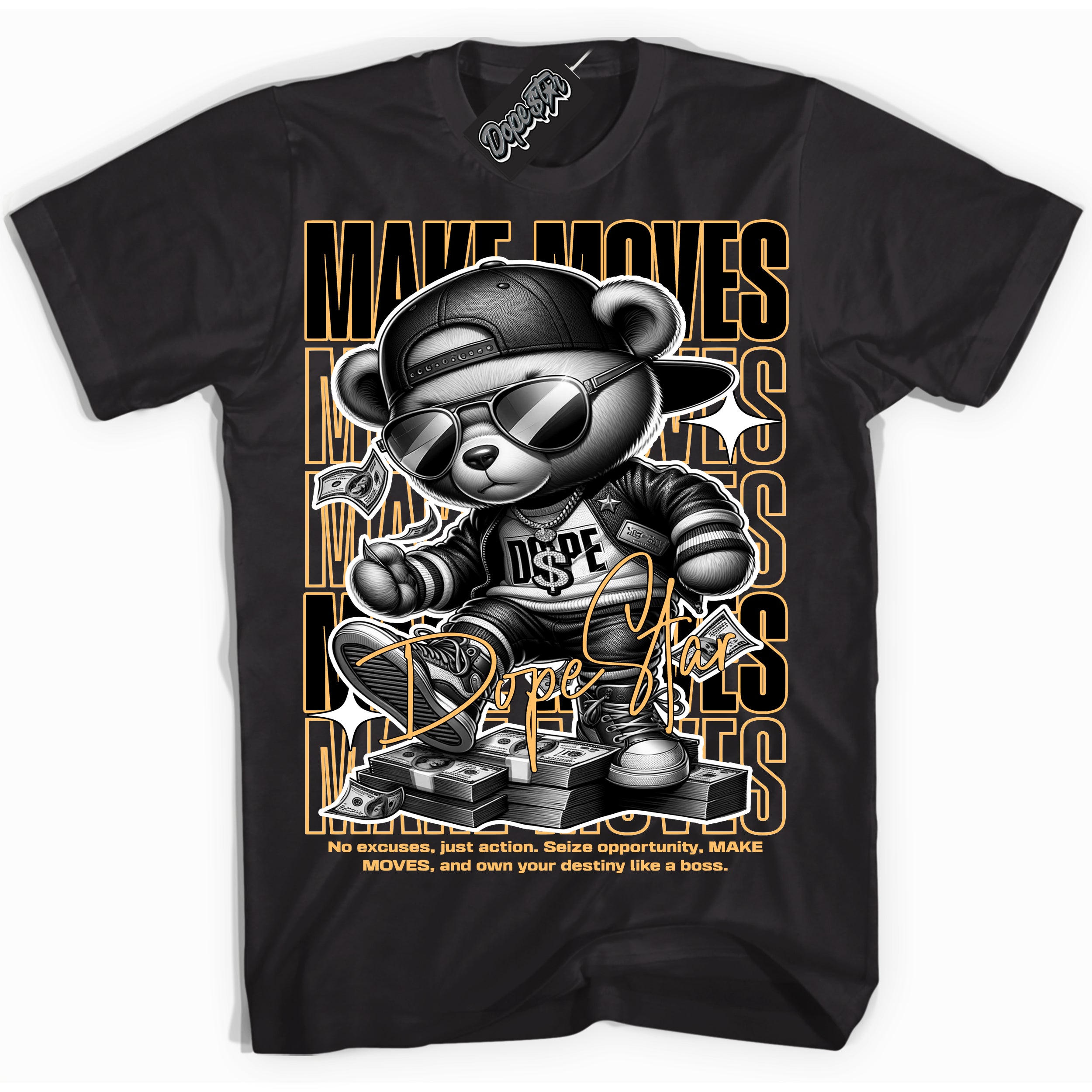 Cool Black Shirt with “ Makin Moves” design that perfectly matches Yellow Ochre 1s Sneakers.