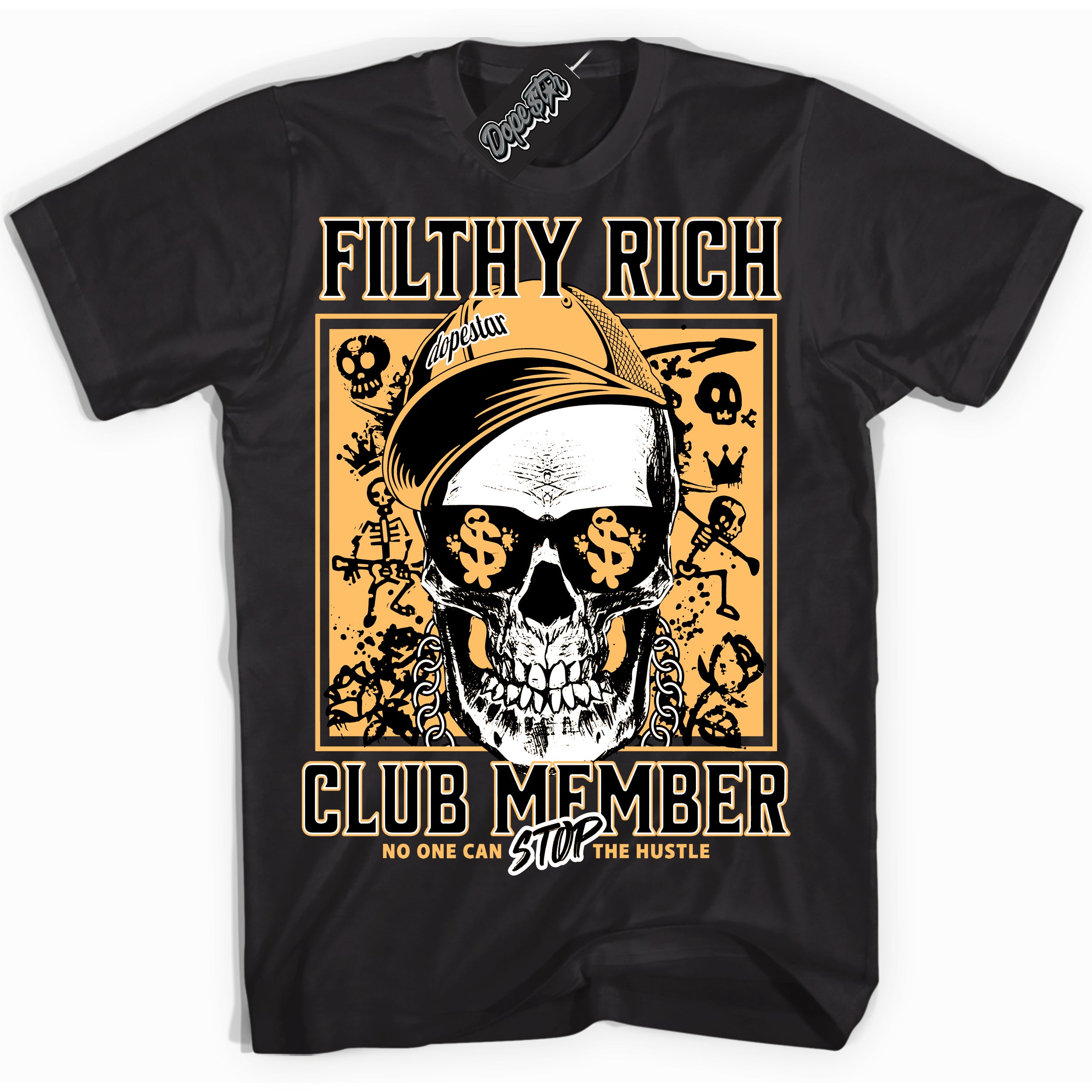 Cool Black Shirt with “ Filthy Rich” design that perfectly matches Yellow Ochre 1s Sneakers.