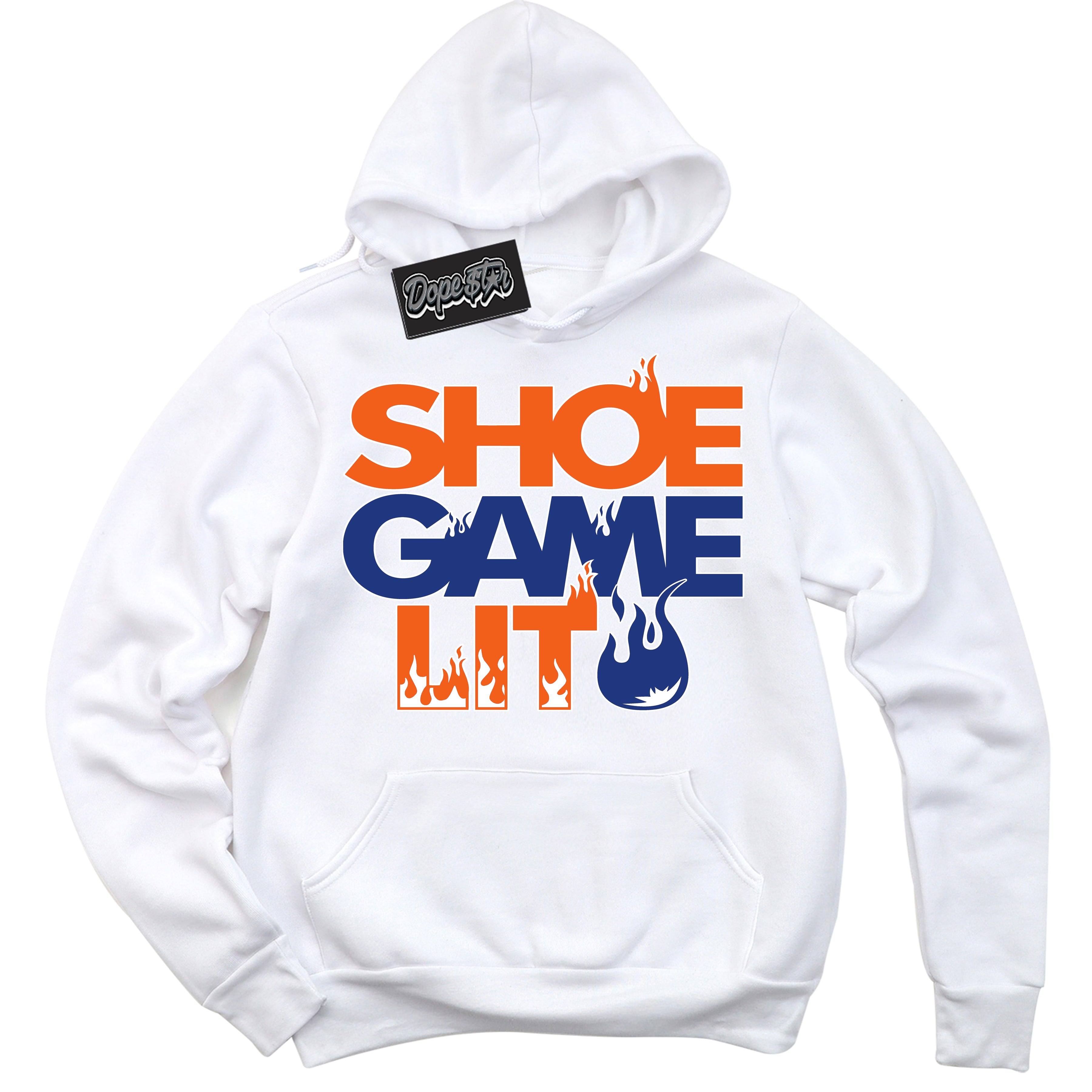 Cool White Hoodie with “ Shoe Game Lit '' design that Perfectly Matches Knicks 1s Sneakers.