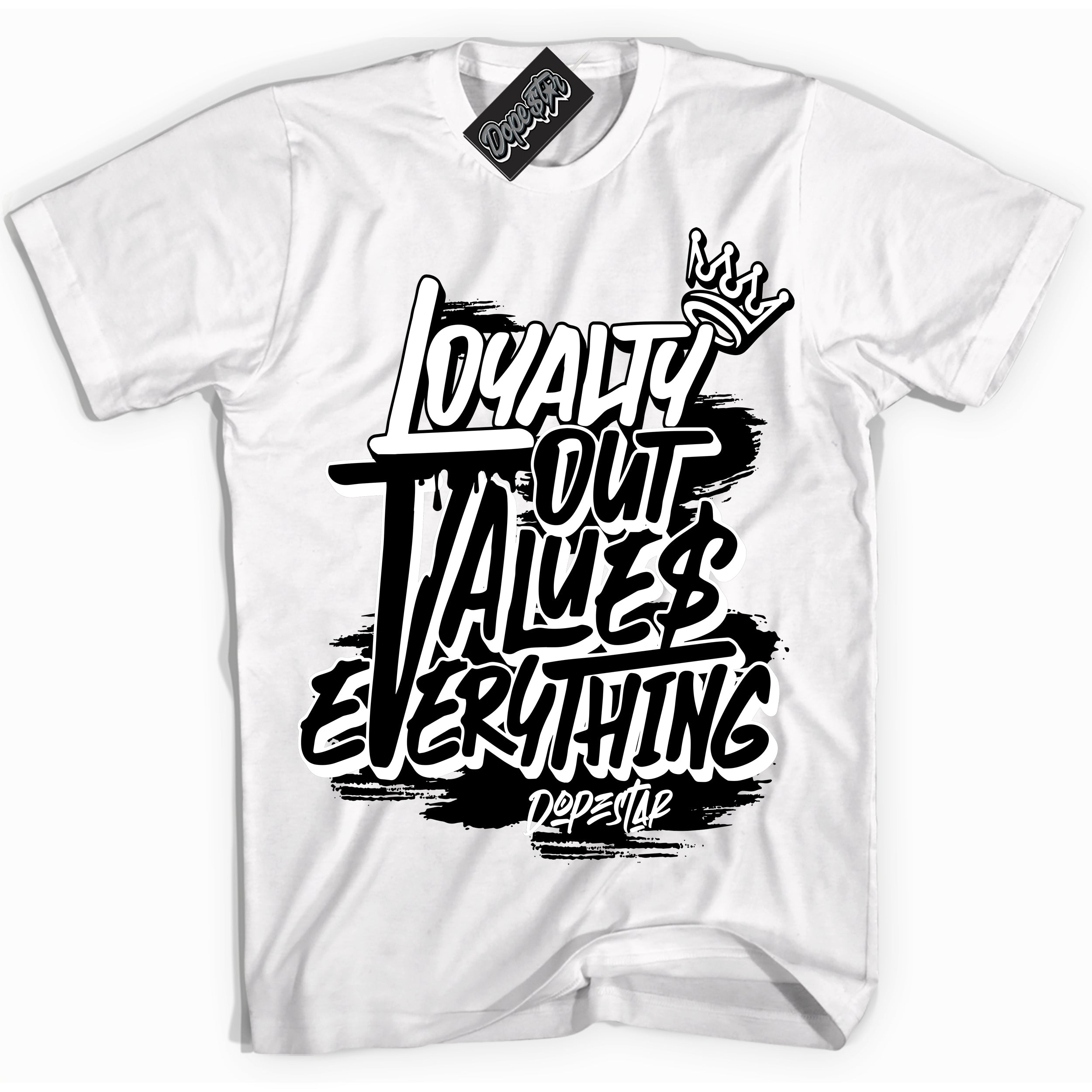 AJ1 Mid Off Noir Toe ‘Loyalty Out Values Everything’ – White Streetwear T-Shirt | Sneaker Matching shirt for AJ1 Mid Off Noir Toe | Men's and Women's Streetwear Graphic Tee by Sneaker Shirts Outlet.