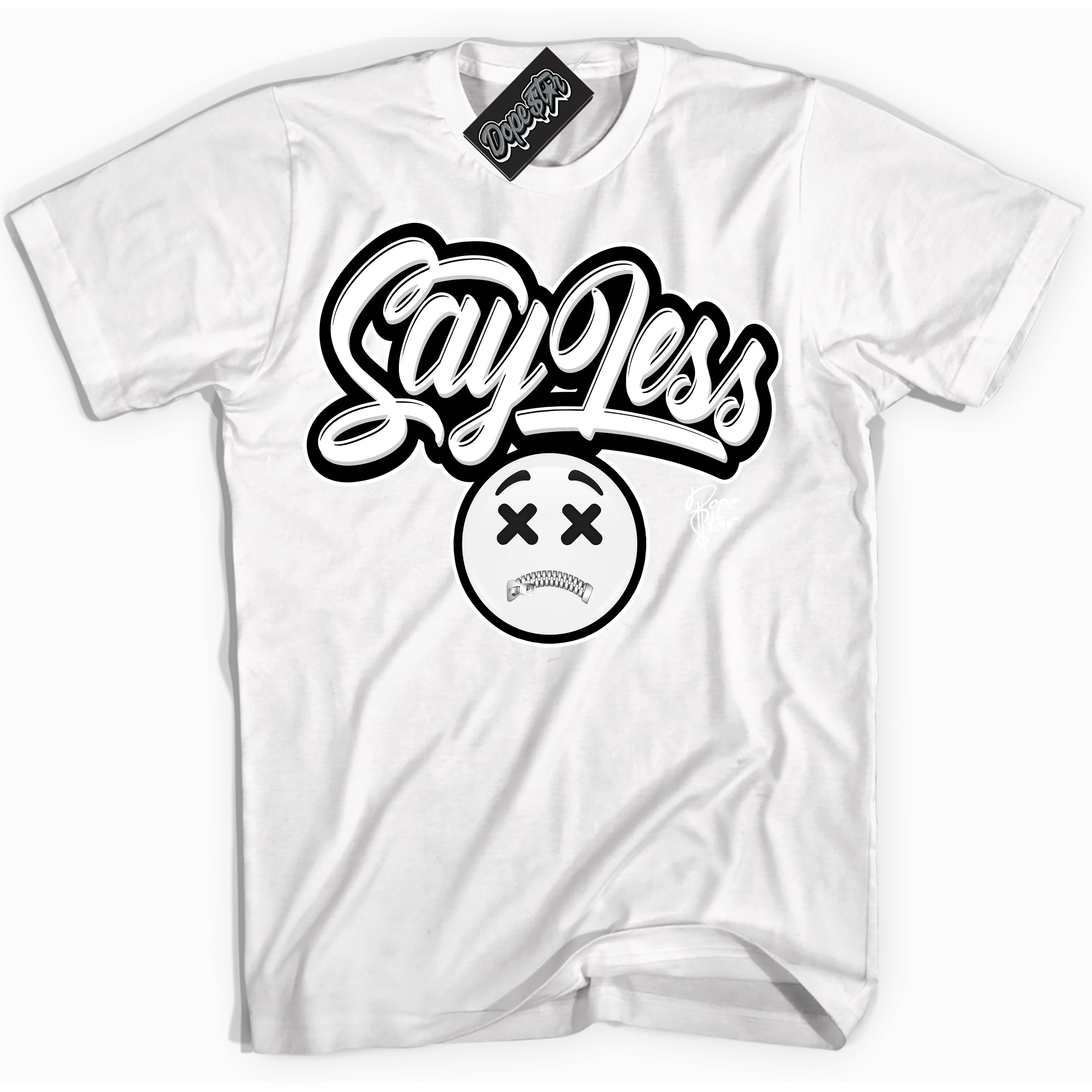 AJ1 Mid Off Noir Toe ‘Say Less’ – White Streetwear T-Shirt | Sneaker Matching shirt for AJ1 Mid Off Noir Toe | Men's and Women's Streetwear Graphic Tee by Sneaker Shirts Outlet.