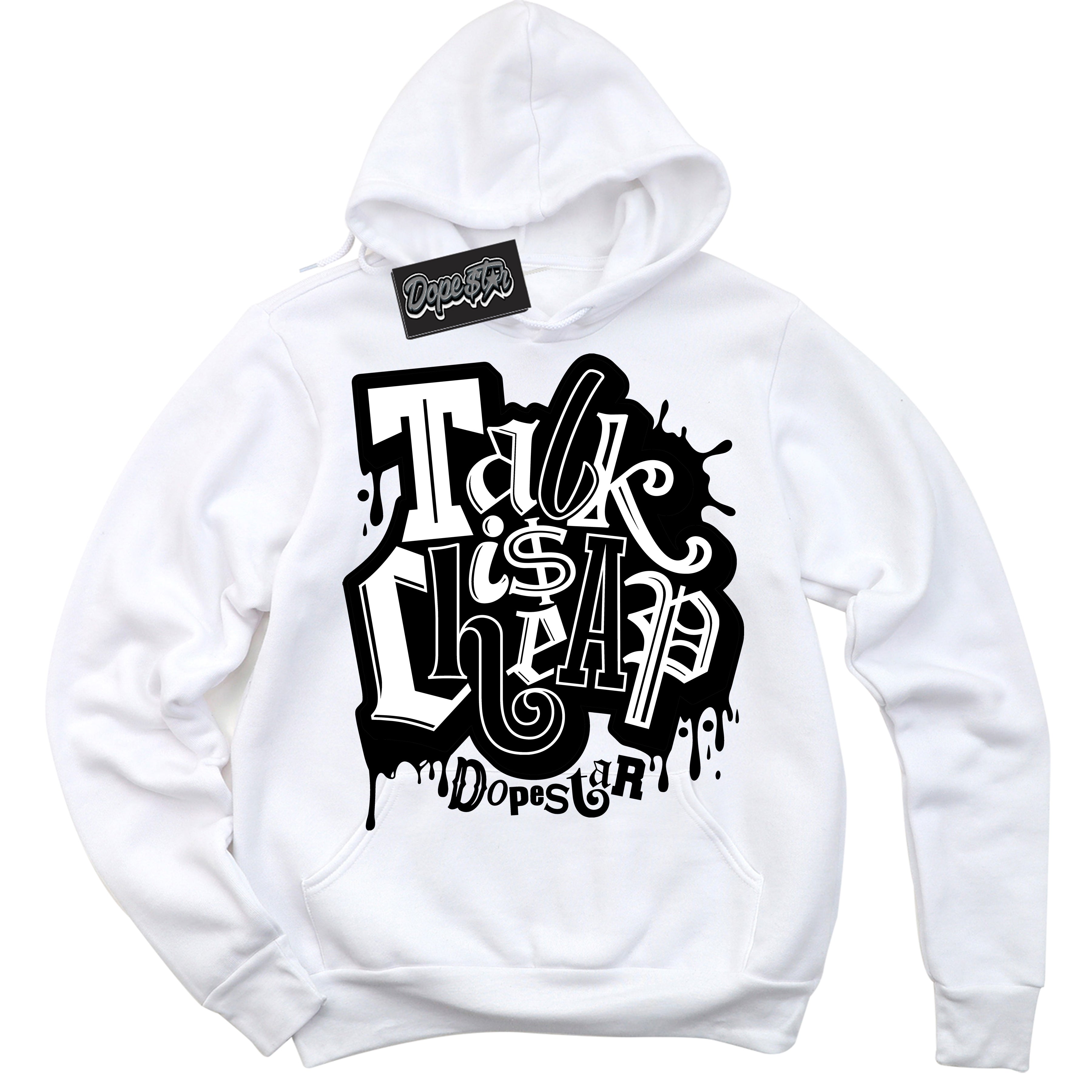 AJ1 Mid Off Noir Toe ‘Talk Is Cheap’ – White Streetwear Hoodie | Sneaker Matching sweatshirt for AJ1 Mid Off Noir Toe | Men's and Women's Streetwear Graphic Hoodie by Sneaker Shirts Outlet.