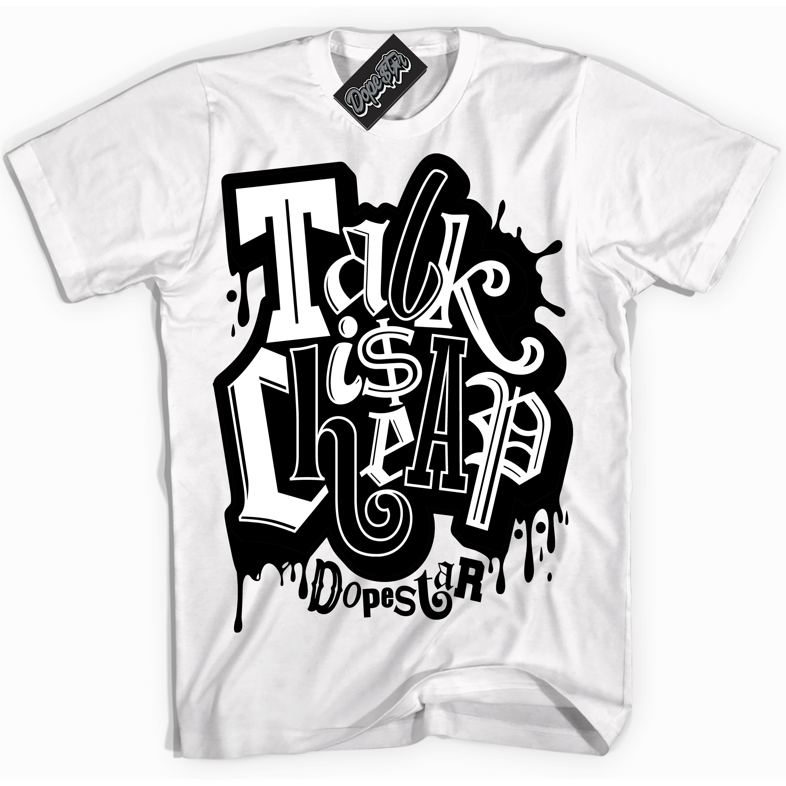 AJ1 Mid Off Noir Toe ‘Talk Is Cheap’ – White Streetwear T-Shirt | Sneaker Matching shirt for AJ1 Mid Off Noir Toe | Men's and Women's Streetwear Graphic Tee by Sneaker Shirts Outlet.