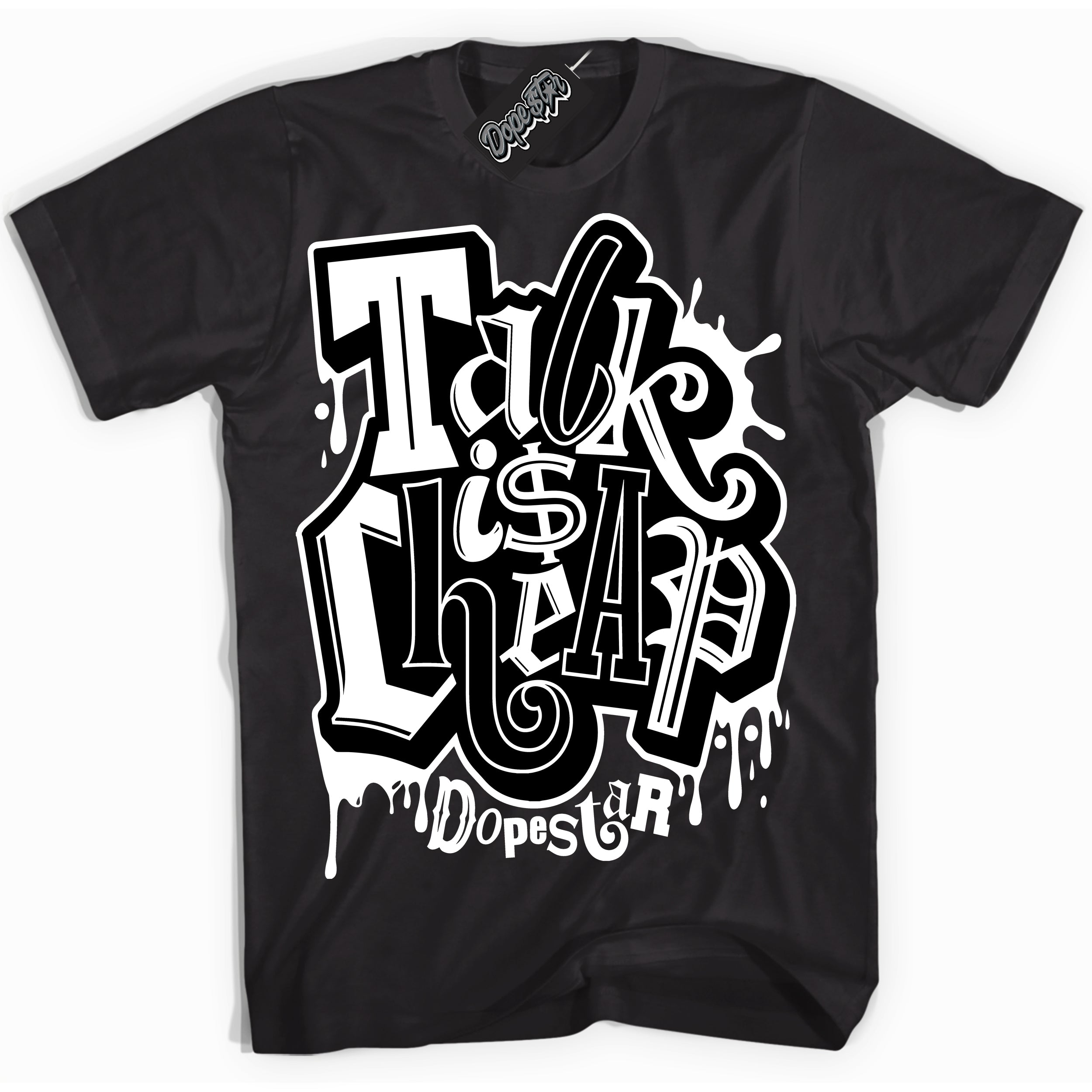 AJ1 Mid Off Noir Toe ‘Talk Is Cheap’ – Black Streetwear T-Shirt | Sneaker Matching shirt for AJ1 Mid Off Noir Toe | Men's and Women's Streetwear Graphic Tee by Sneaker Shirts Outlet.