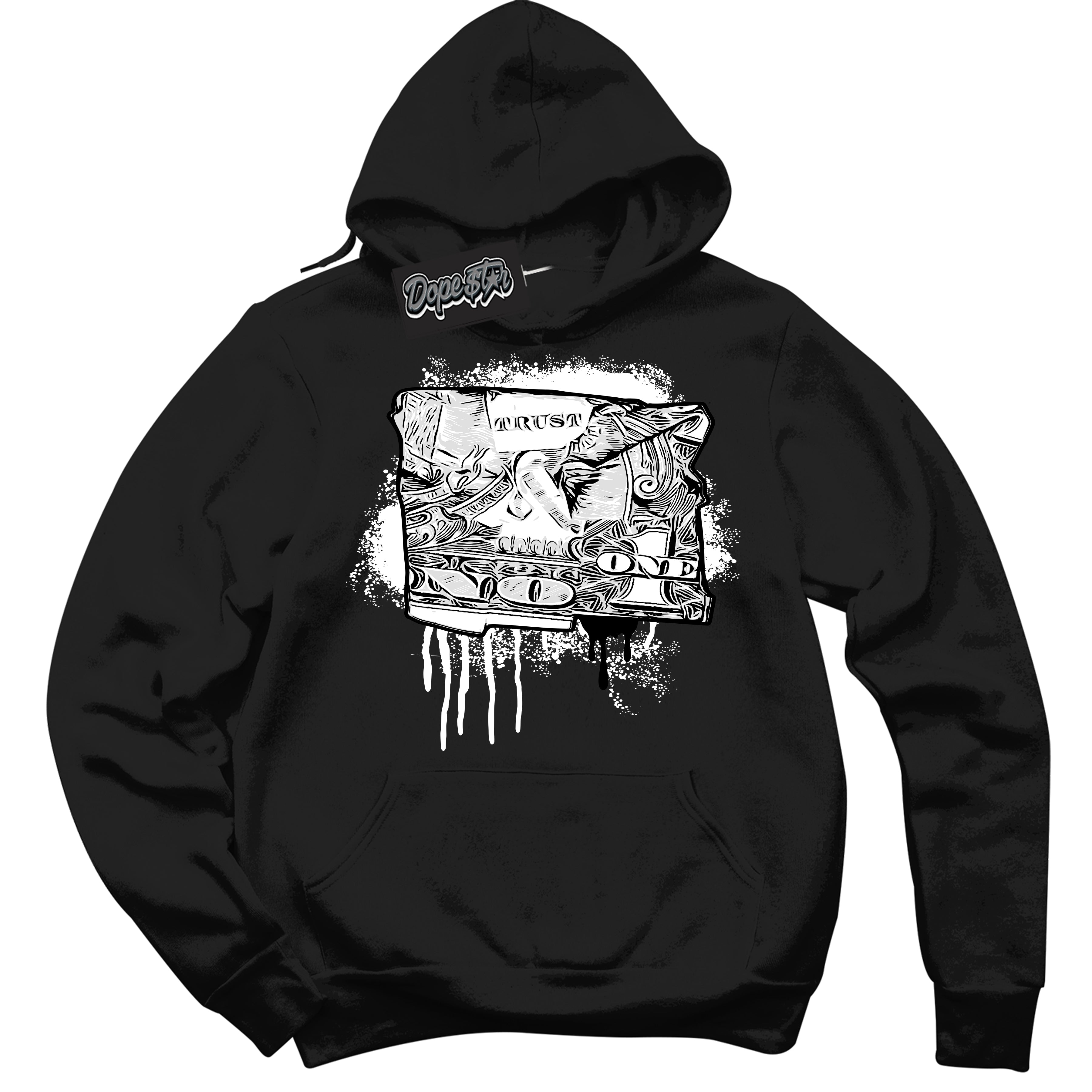 AJ1 Mid Off Noir Toe ‘Trust No One Dollar’ – Black Streetwear Hoodie | Sneaker Matching sweatshirt for AJ1 Mid Off Noir Toe | Men's and Women's Streetwear Graphic Hoodie by Sneaker Shirts Outlet.