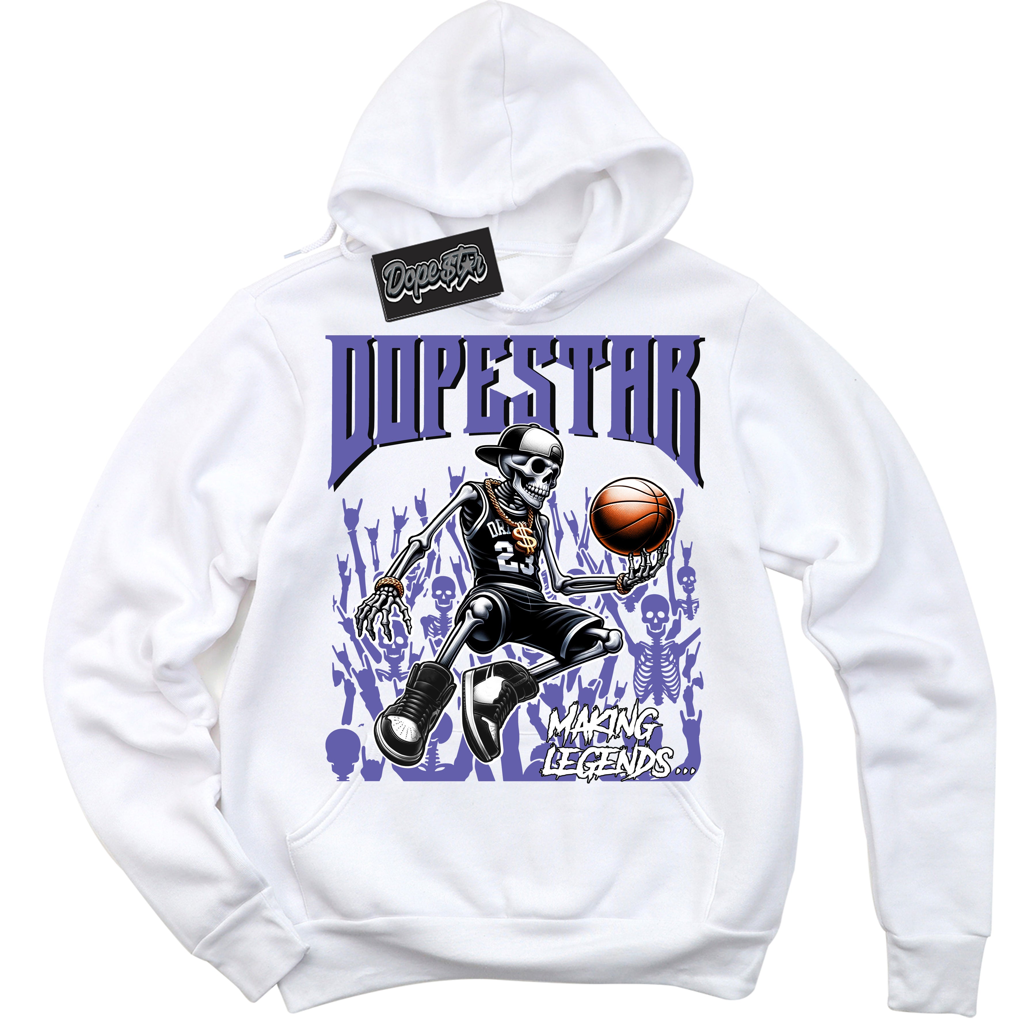 Cool White Hoodie with “ Making Legends ” design that Perfectly Matches Purple Black 1s Sneakers.