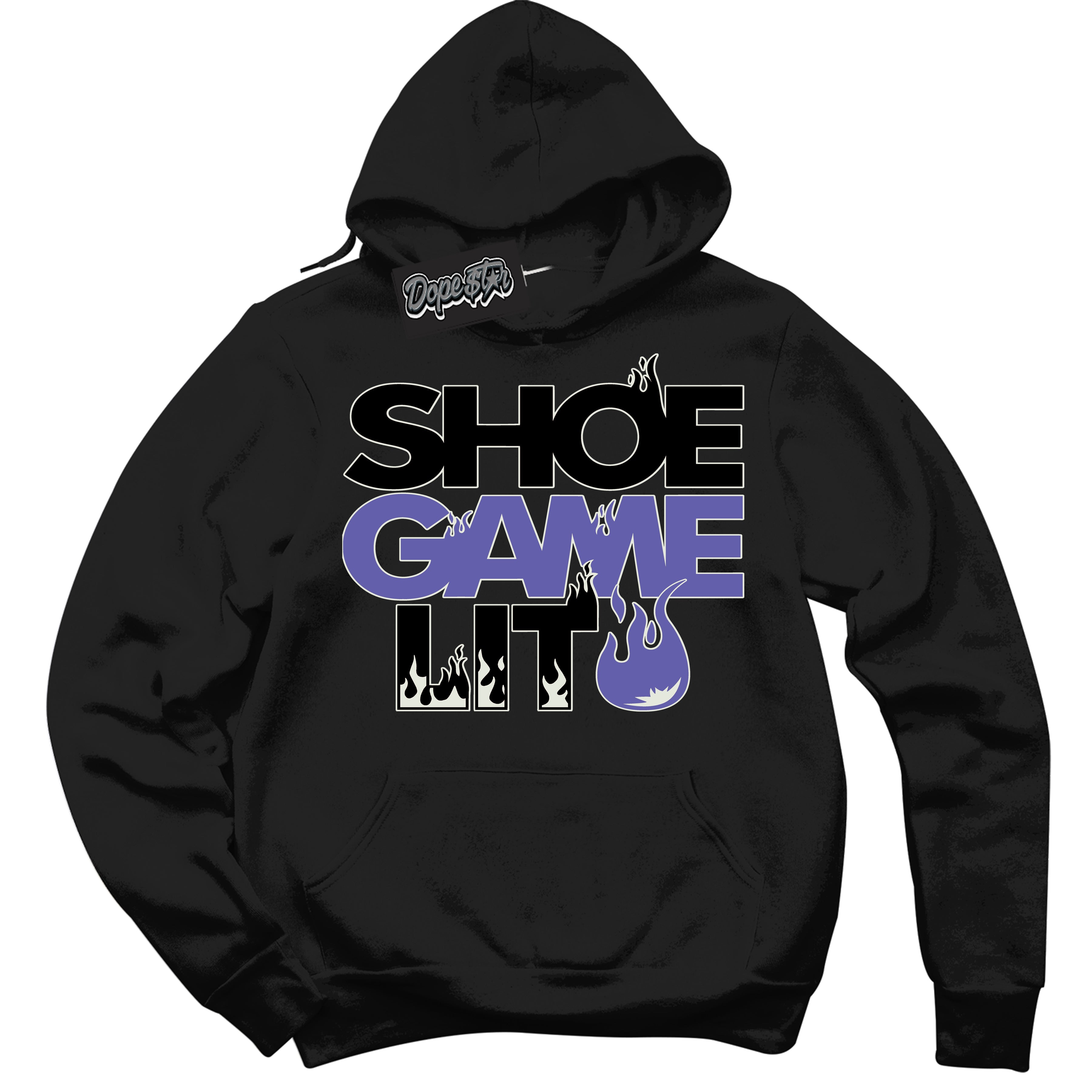 Cool Black Hoodie with “ Shoe Game Lit '' design that Perfectly Matches Purple Black 1s Sneakers.